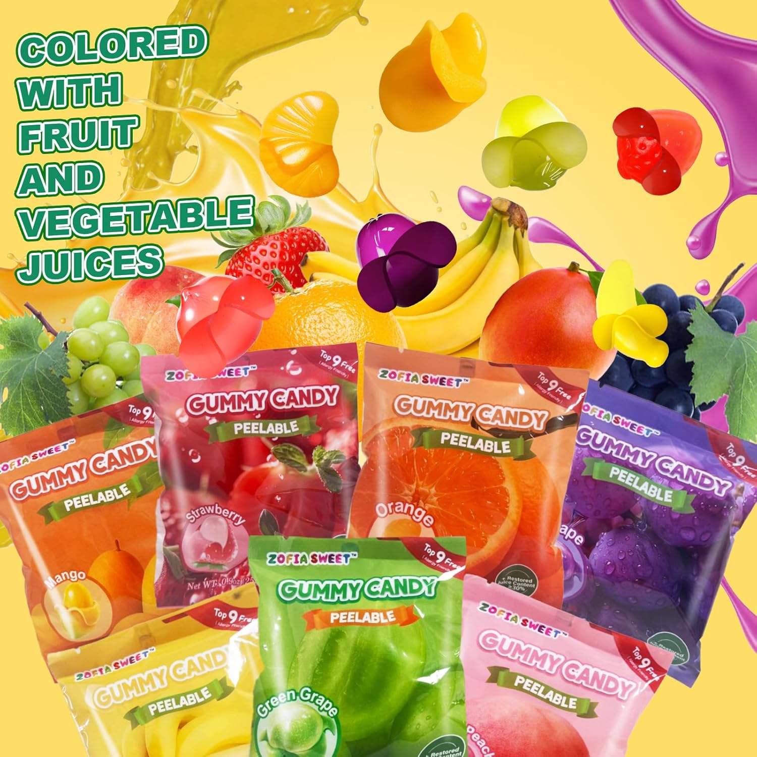 7 Friuts in 28 Packs Assorted Gummy Candy Individually Wrapped, Peelable Fruit-Shaped Gummies Candy made with Real Fruit Juice (≥30%), Chewy Peeling Candy Gummy Snacks Net 700g/24.7oz