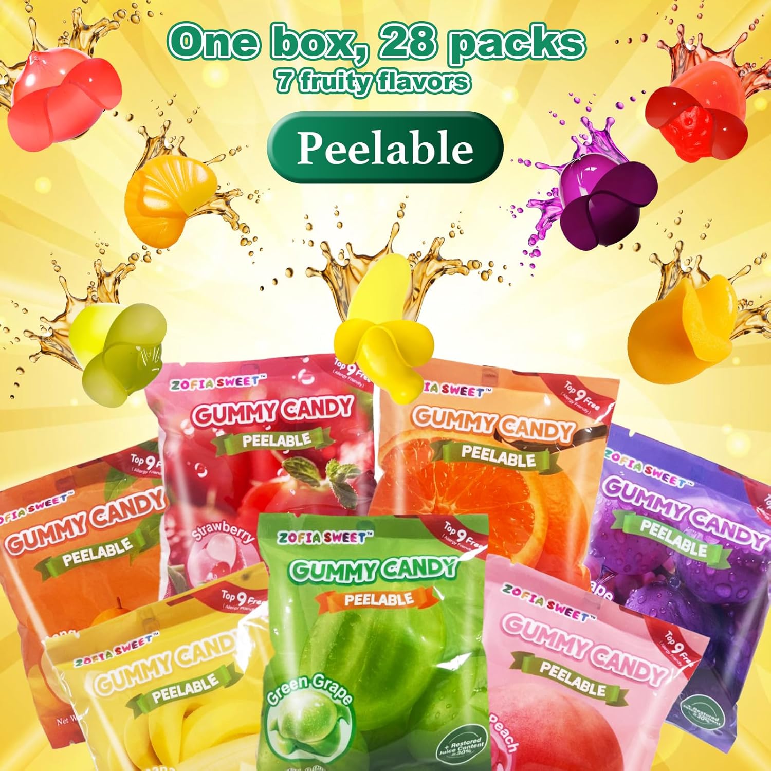 7 Friuts in 28 Packs Assorted Gummy Candy Individually Wrapped, Peelable Fruit-Shaped Gummies Candy made with Real Fruit Juice (≥30%), Chewy Peeling Candy Gummy Snacks Net 700g/24.7oz - Image 2