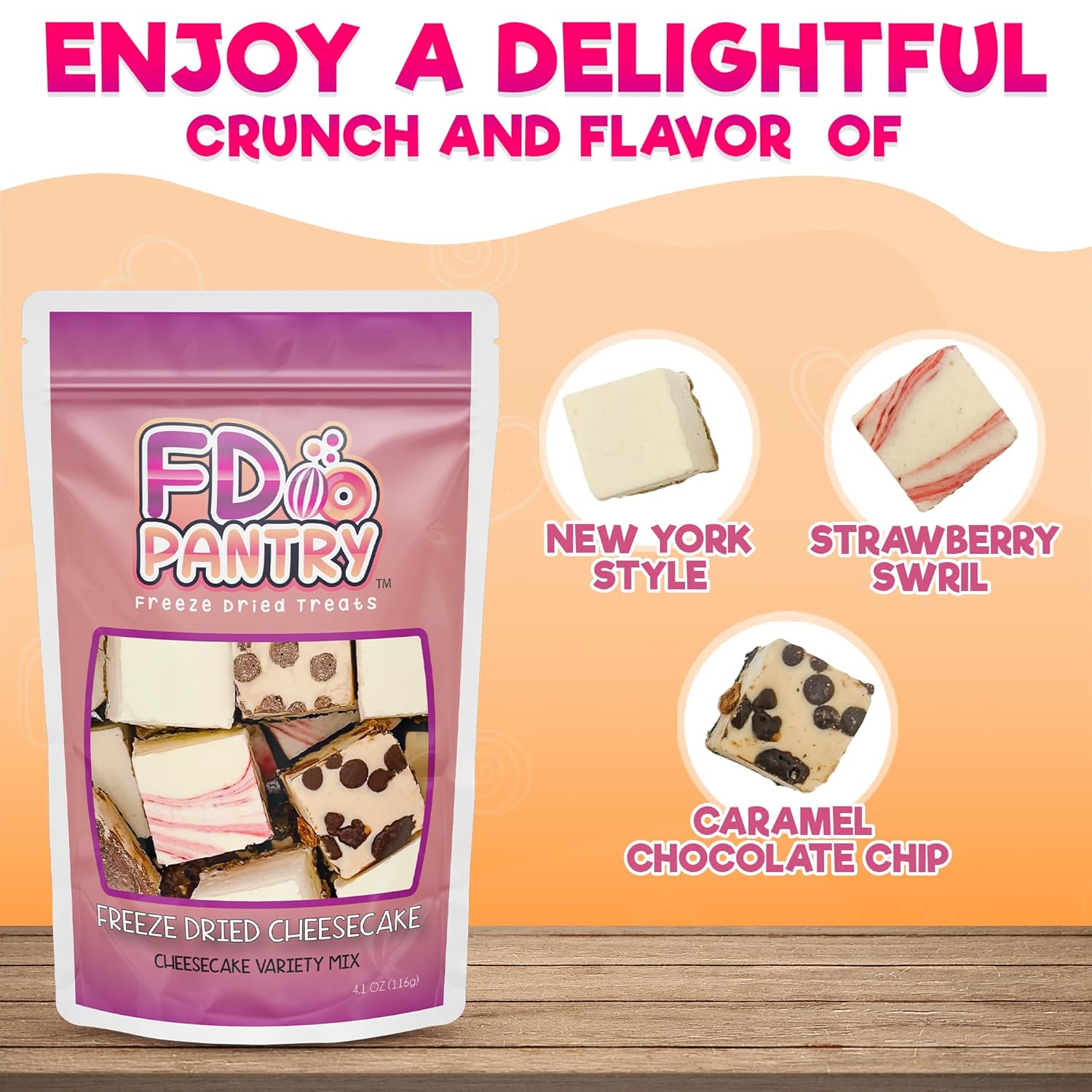 Freeze Dried Cheesecake Bites New York Style 4.1oz - Caramel, Chocolate Chip and Strawberry Swirl Freeze Dried Dessert - Mini Chocolate Cheesecake Bites in Resealable Bag - Ideal Gift Snack