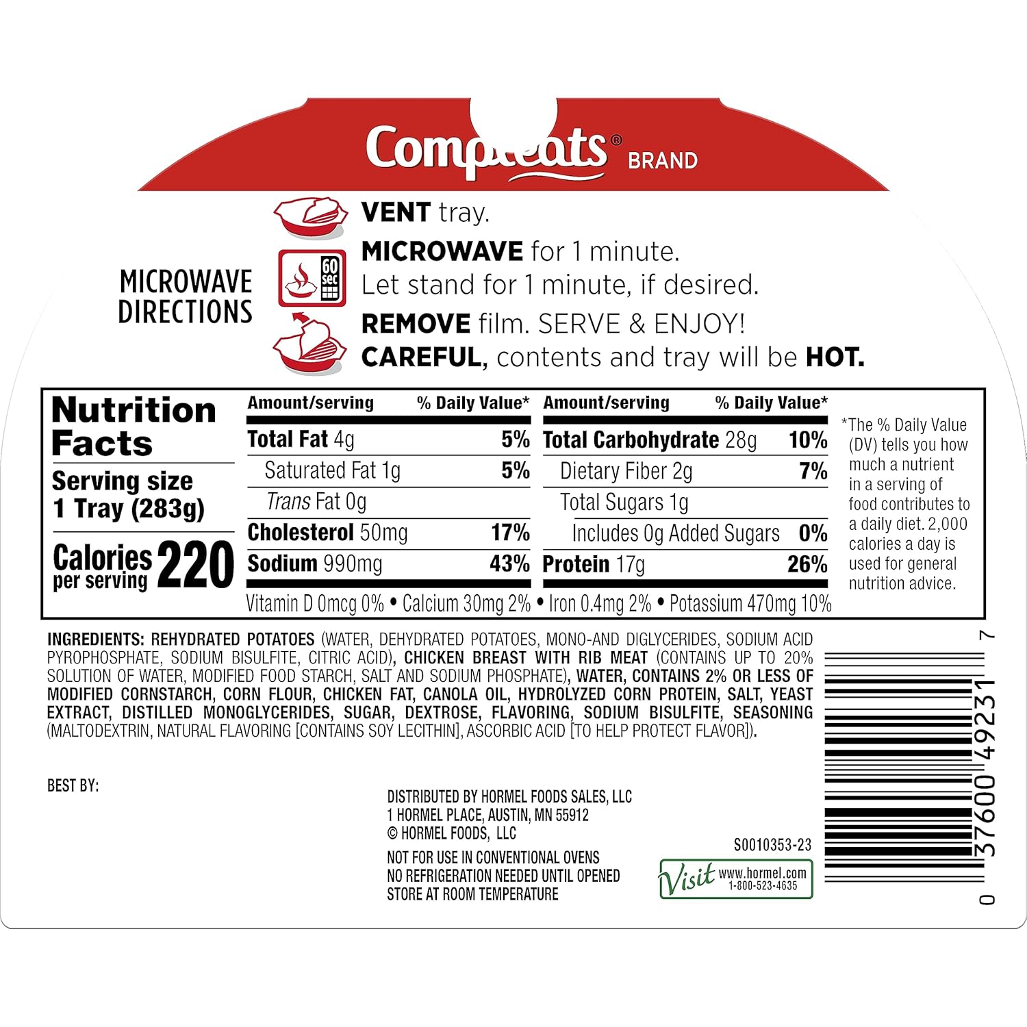 HORMEL COMPLEATS Chicken Breast & Mashed Potatoes With Gravy Microwave Tray, 10 oz (Pack of 6)