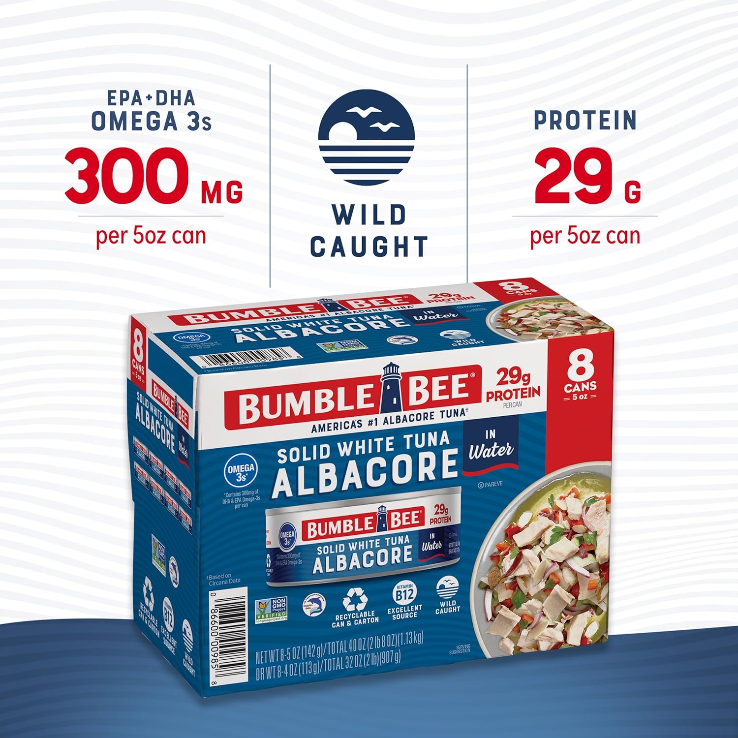 Bumble Bee Solid White Albacore Tuna in Water, 5 oz Can (Pack of 8) - Wild Caught Tuna - 29g Protein per Serving, High in Omega-3s - Non-GMO Project Verified, Gluten Free, Kosher - Image 2