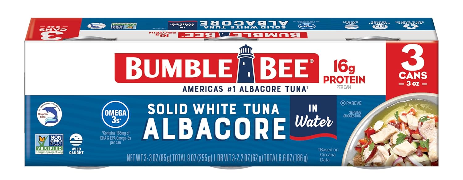 Bumble Bee Solid White Albacore Tuna in Water, 5 oz Can (Pack of 8) - Wild Caught Tuna - 29g Protein per Serving, High in Omega-3s - Non-GMO Project Verified, Gluten Free, Kosher - Image 7