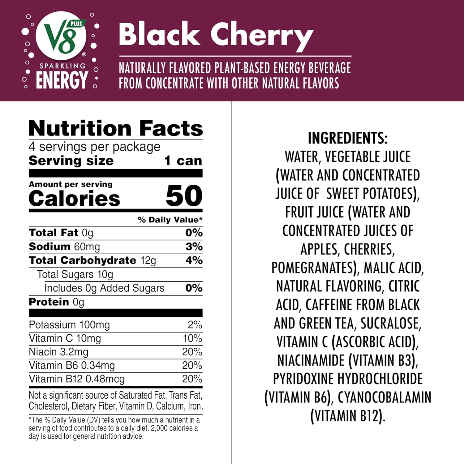 V8 +ENERGY Black Cherry Energy Drink, 11.5 fl oz Can (Pack of 4)