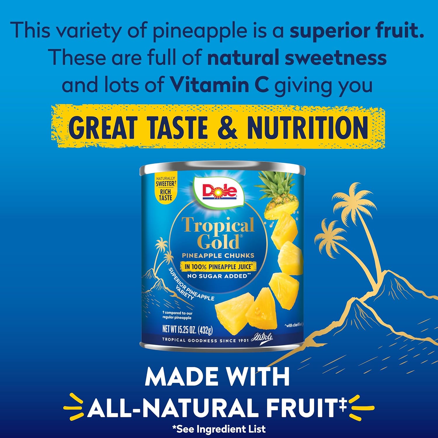 Dole Canned Fruit, Tropical Gold Pineapple Chunks in 100% Pineapple Juice, Gluten Free, Pantry Staples, No Sugar Added, 15.25 Oz, 12 Count - Image 3