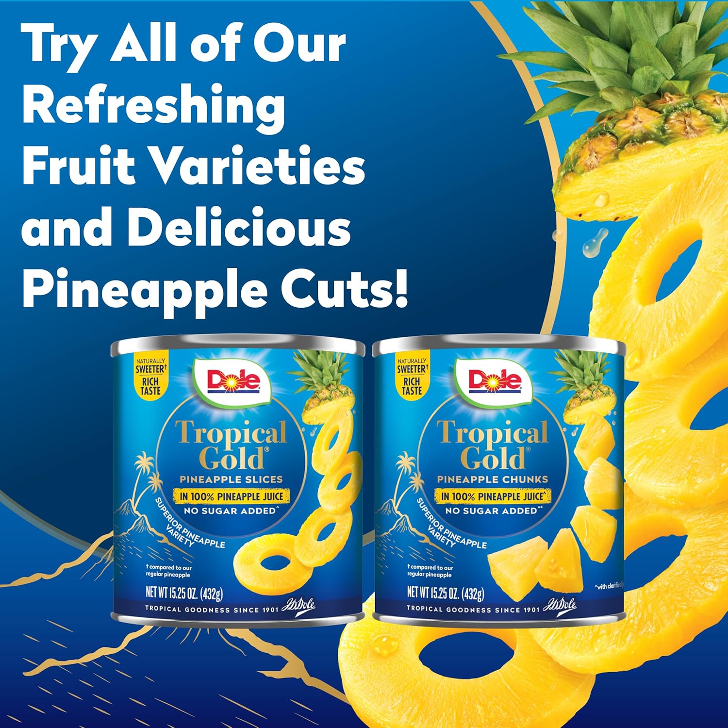 Dole Canned Fruit, Tropical Gold Pineapple Chunks in 100% Pineapple Juice, Gluten Free, Pantry Staples, No Sugar Added, 15.25 Oz, 12 Count - Image 6