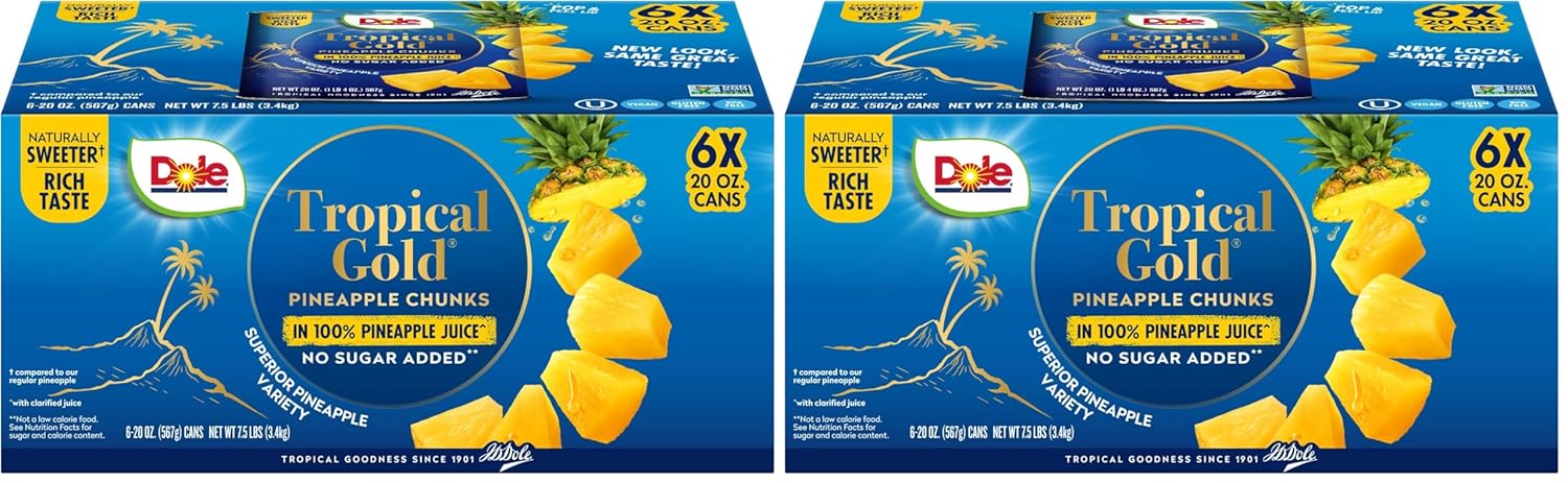 Dole Canned Fruit, Tropical Gold Pineapple Chunks in 100% Pineapple Juice, Gluten Free, Pantry Staples, No Sugar Added, 15.25 Oz, 12 Count - Image 7