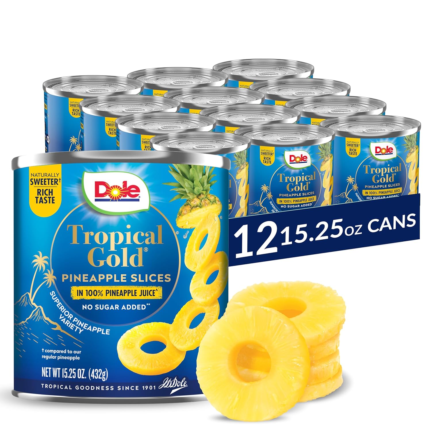 Dole Canned Fruit, Tropical Gold Pineapple Chunks in 100% Pineapple Juice, Gluten Free, Pantry Staples, No Sugar Added, 15.25 Oz, 12 Count - Image 8