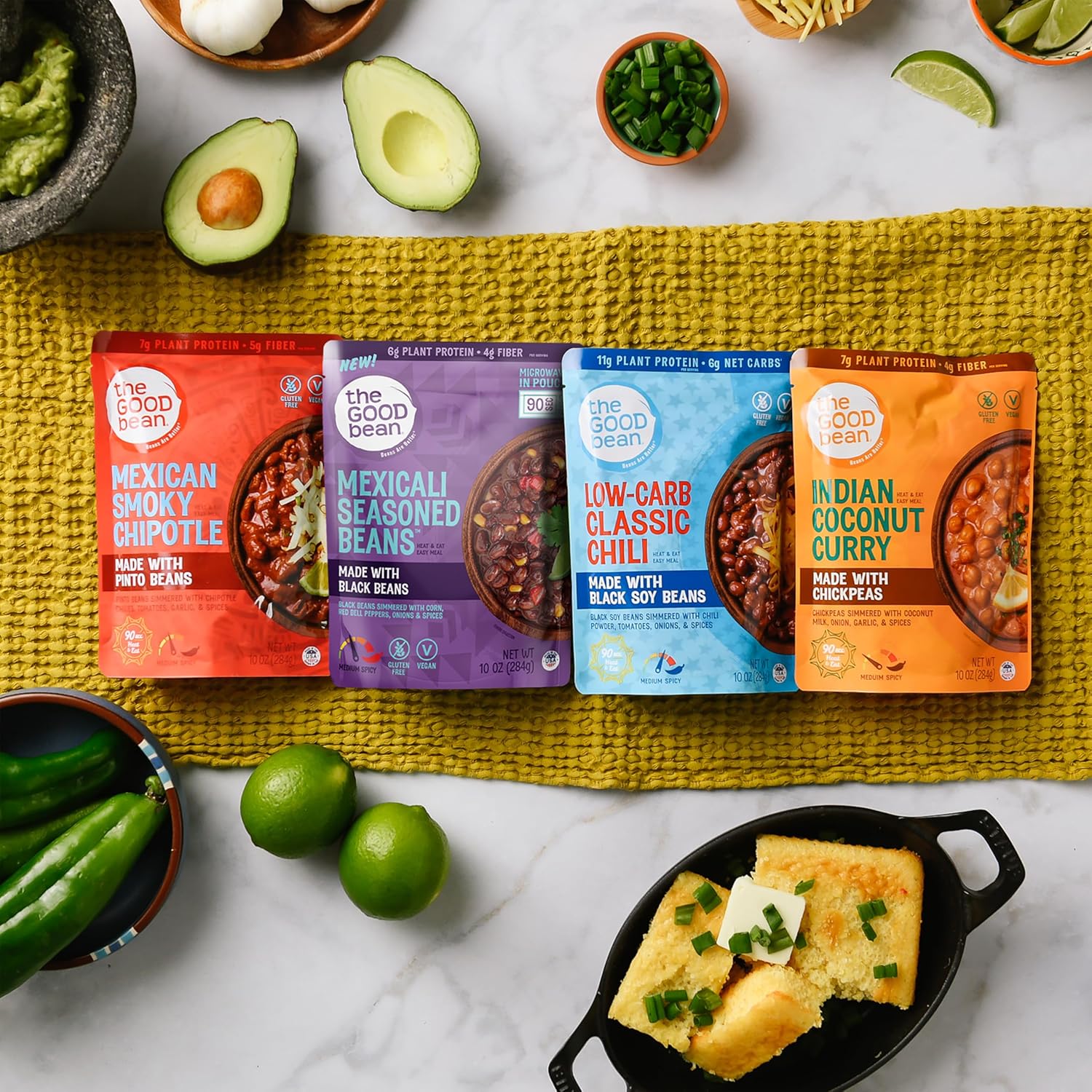 The Good Bean Heat and Eat Pouch - Variety Pack - (Pack of 4) 10 oz Pouch - Mexican Smoky Chipotle, Low-Carb Classic Chili, Mexicali Seasoned Beans, and Indian Coconut Curry
