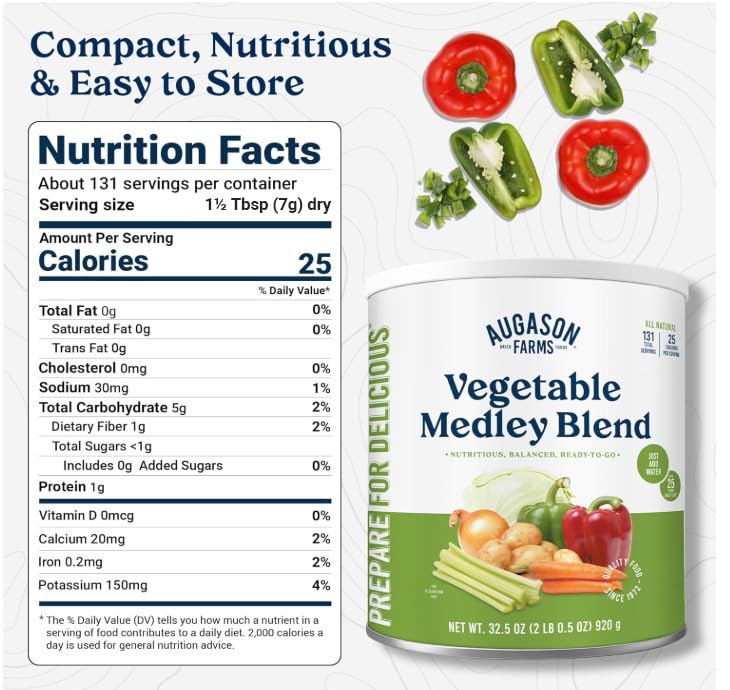 Augason Farms Vegetable Medley Blend Can - Dehydrated Mixed Veggies - Gluten Free Emergency Food Supply with Long Shelf Life for Survival, Disaster Prep & Everyday Meals - 131 Servings