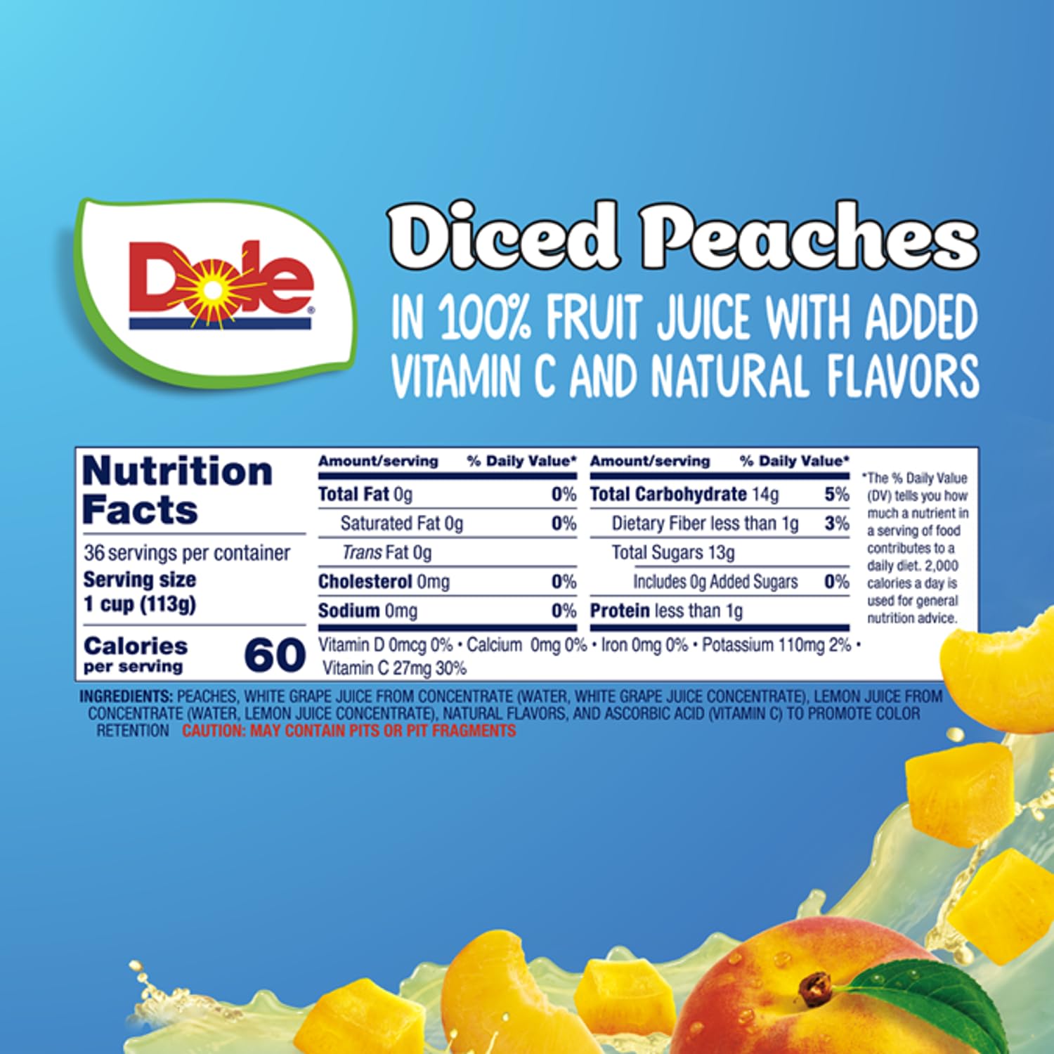 Dole Fruit Bowls Diced Peaches in 100% Juice Snacks, 4oz 36 Total Cups, Gluten & Dairy Free, Bulk Lunch Snacks for Kids & Adults
