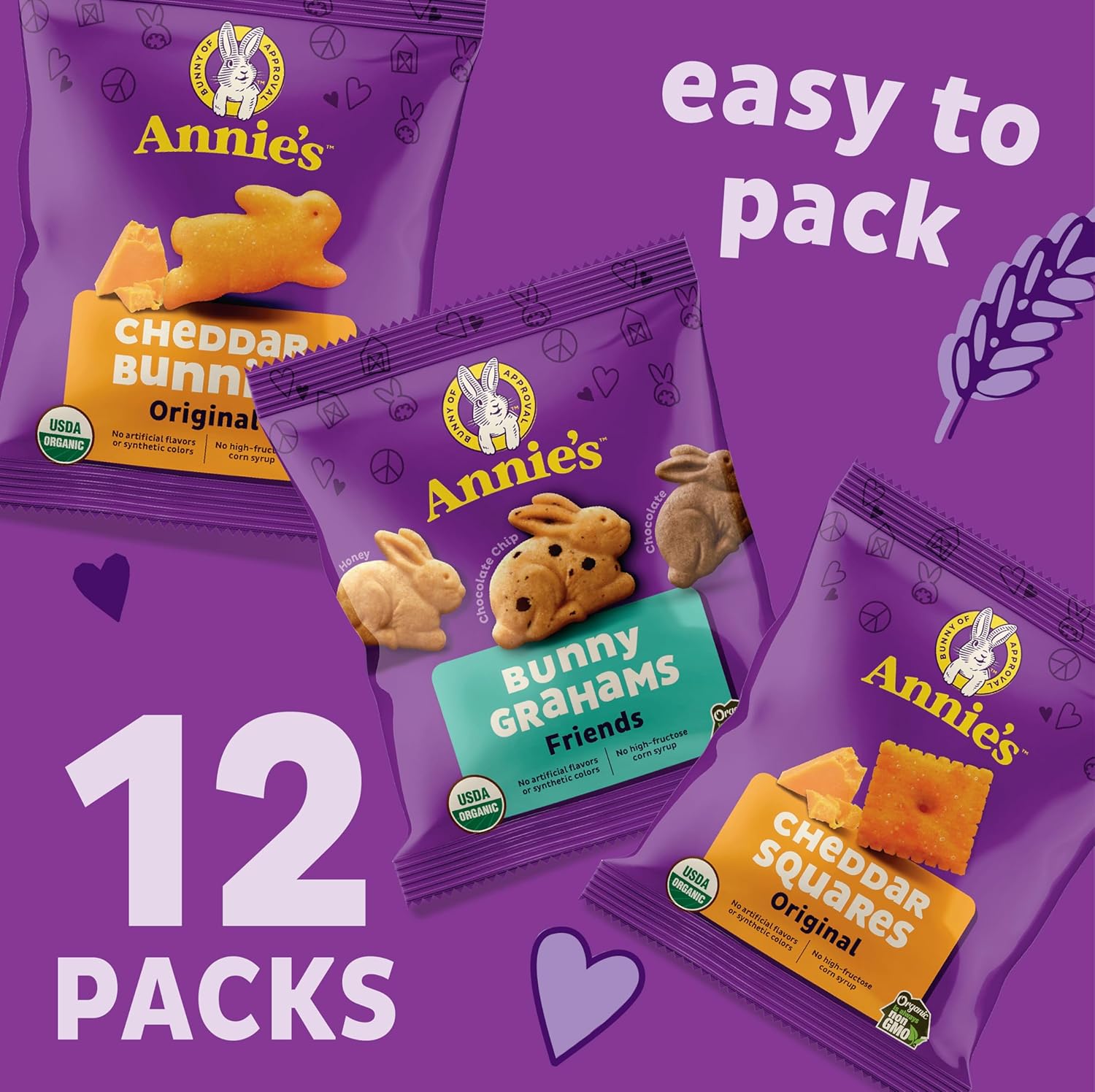 Annie's Organic Variety Pack, Cheddar Bunnies, Bunny Grahams and Cheddar Squares, 12 Pouches, 11 oz - Image 2