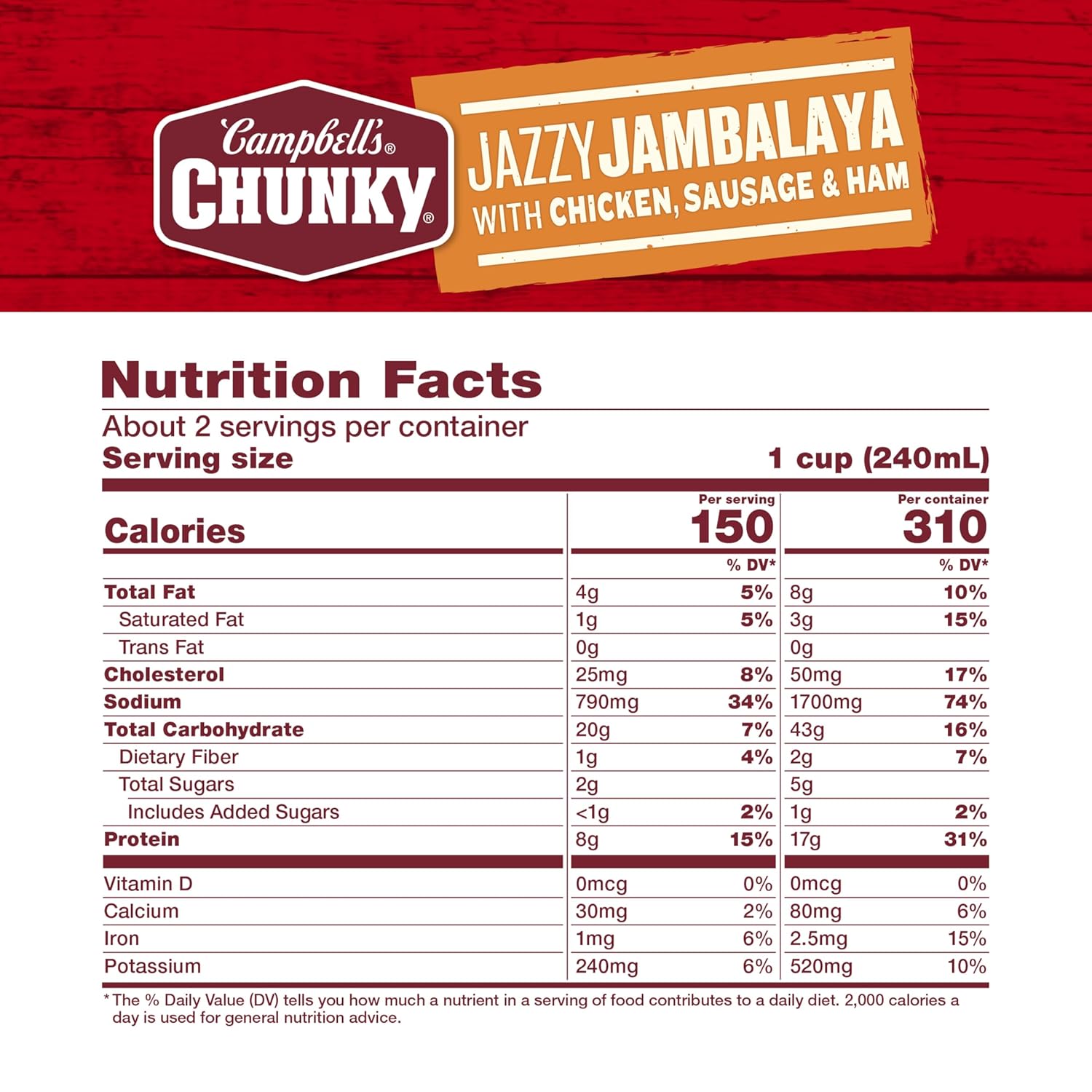 Campbellu2019s Chunky Soup, Jazzy Jambalaya with Chicken, Sausage and Ham Soup, 18.6 Oz Can