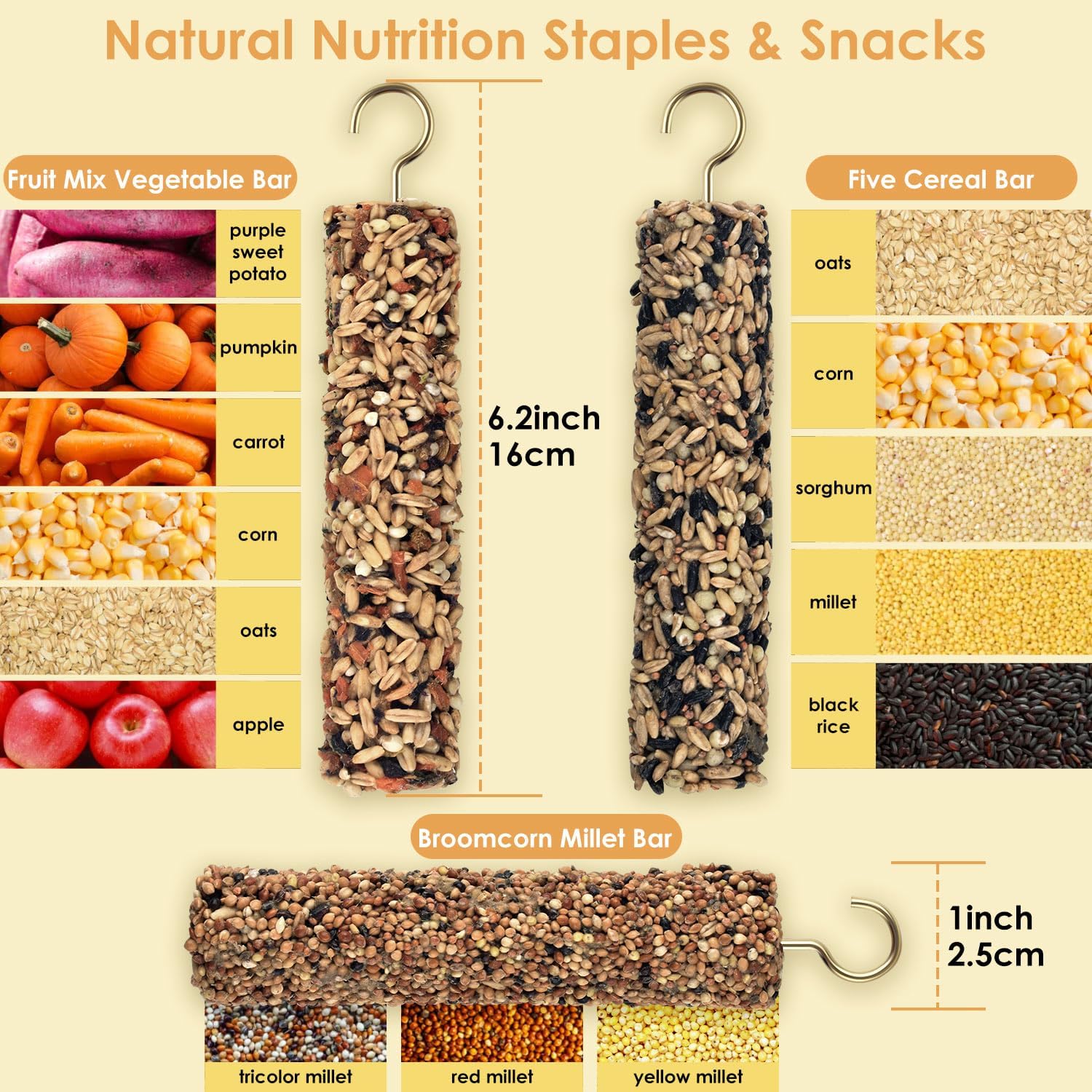 KATUMO 3PCS Bird Treats Parrot Crunch Sticks Parakeet Grains Mixed Treats Cockatiel Snacks Budgie Food Sticks for Lovebird Conure Myna Canary Parrots