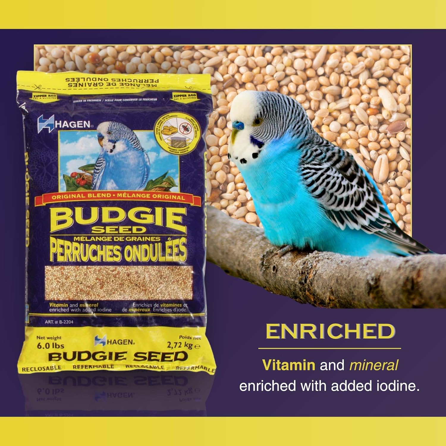 Hagen Parakeet/Budgie Staple VME Seed u2013 Premium Blend, Nutritionally Balanced, Fortified with Vitamins & Minerals, Dust-Free Mix for Budgies, 25 lb Bag