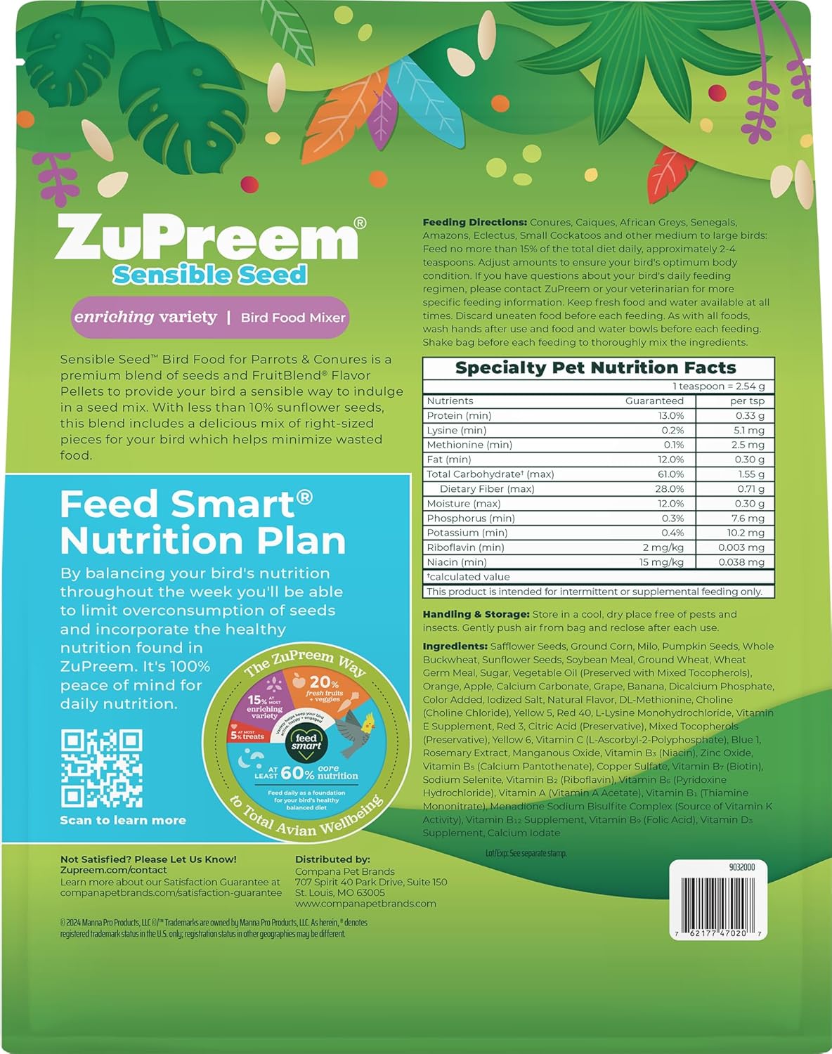 ZuPreem Sensible Seed Bird Food, Parrot, Conure, Caique, African Grey, Eclectus, Small Cockatoo, Seed and Pellet Blend for Medium Large Birds (ML, 2 lbs)