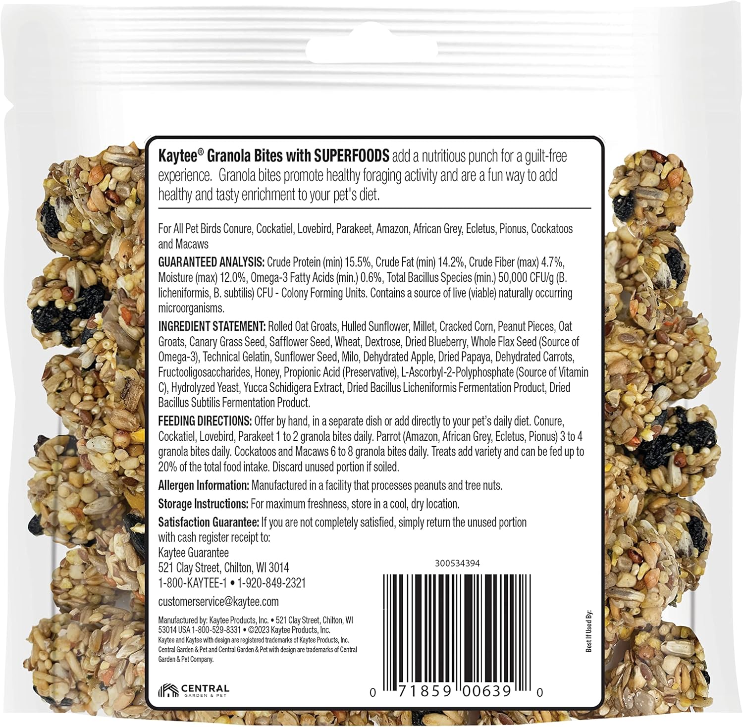 Kaytee Granola Bites with Super Foods Granola Bites and Flax for Pet Birds Conure, Cockatiel, Lovebird, Parakeet, Amazon, African Grey, Ecletus, Pionus, Cockatoos and Macaws, 4.50 Ounce (Pack of 1)