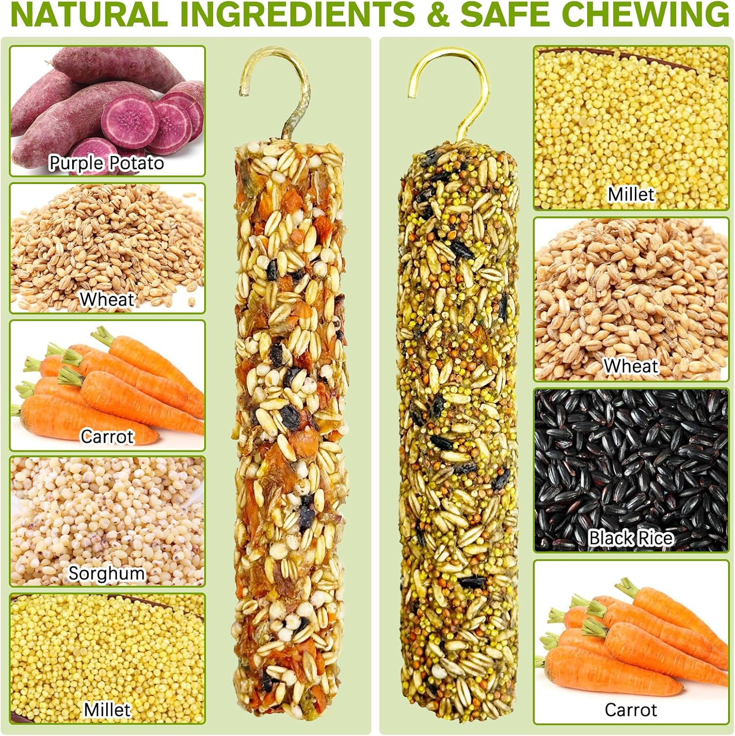 Fhiny Parakeet Treats, 2 PCS Natural Bird Crunch Sticks Grains & Vegetable Budgie Snacks Cockatiel Food Sticks Long-Lasting Chewing Toys for Parakeet Cockatiel Budgie Conure Parrot Lovebird Finch