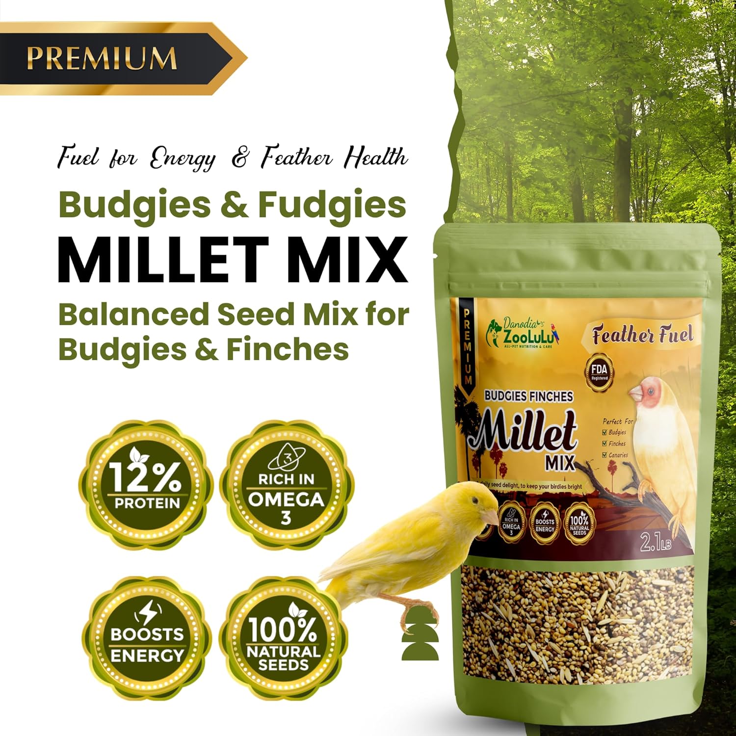 Danodia's Zoolulu Premium Budgies & Finches Millet Mix (450g /1 lbs) | Premium Bird Seed Blend for Budgies, Finches & Canaries | Daily Healthy Nutrition