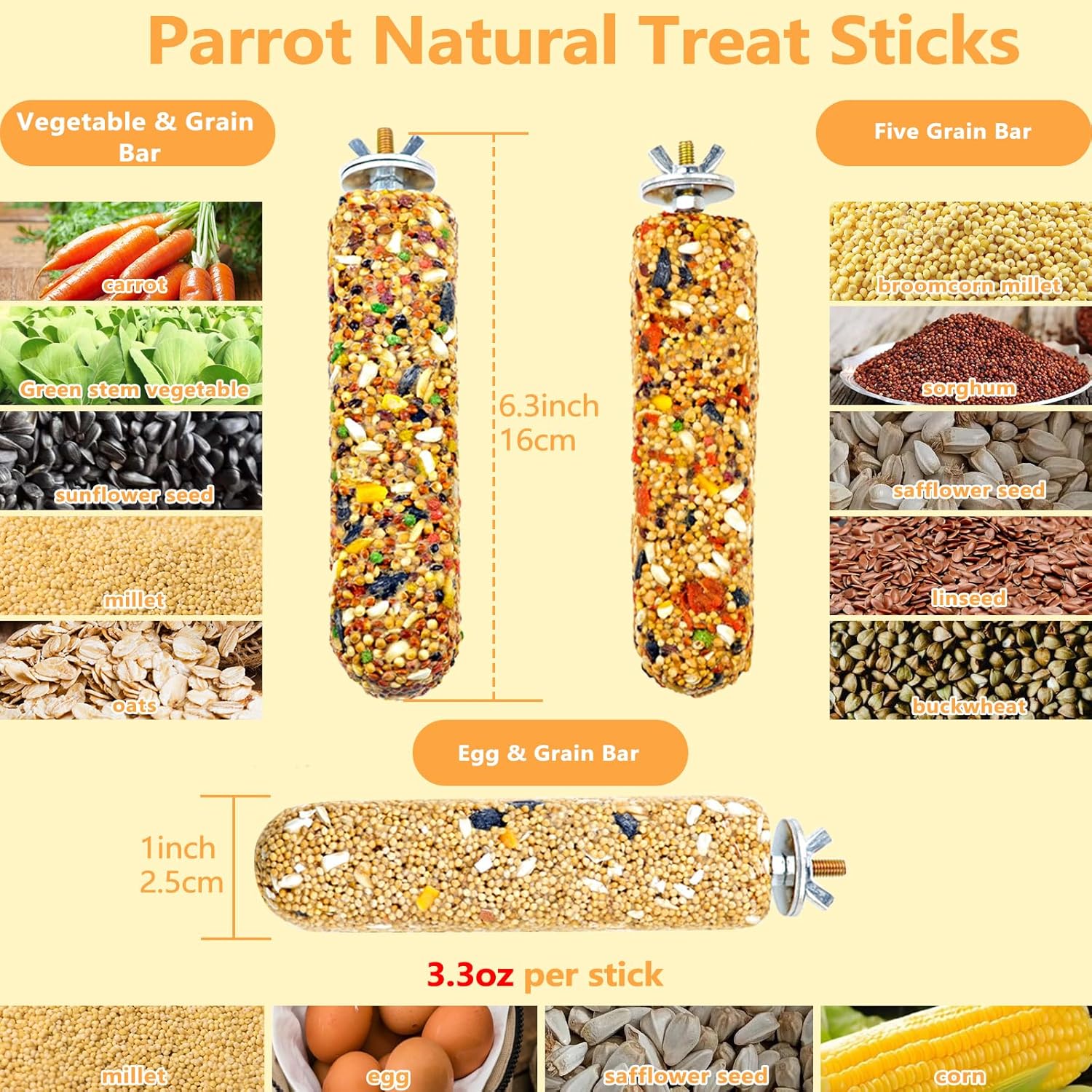 Acsist 3PCS Parakeet Treat,Natural Parrots Treat Sticks,Vegetable & Grain Style Crunch Sticks,Bird Treats for Cockatiel Budgies Lovebirds Canary Conure Finches