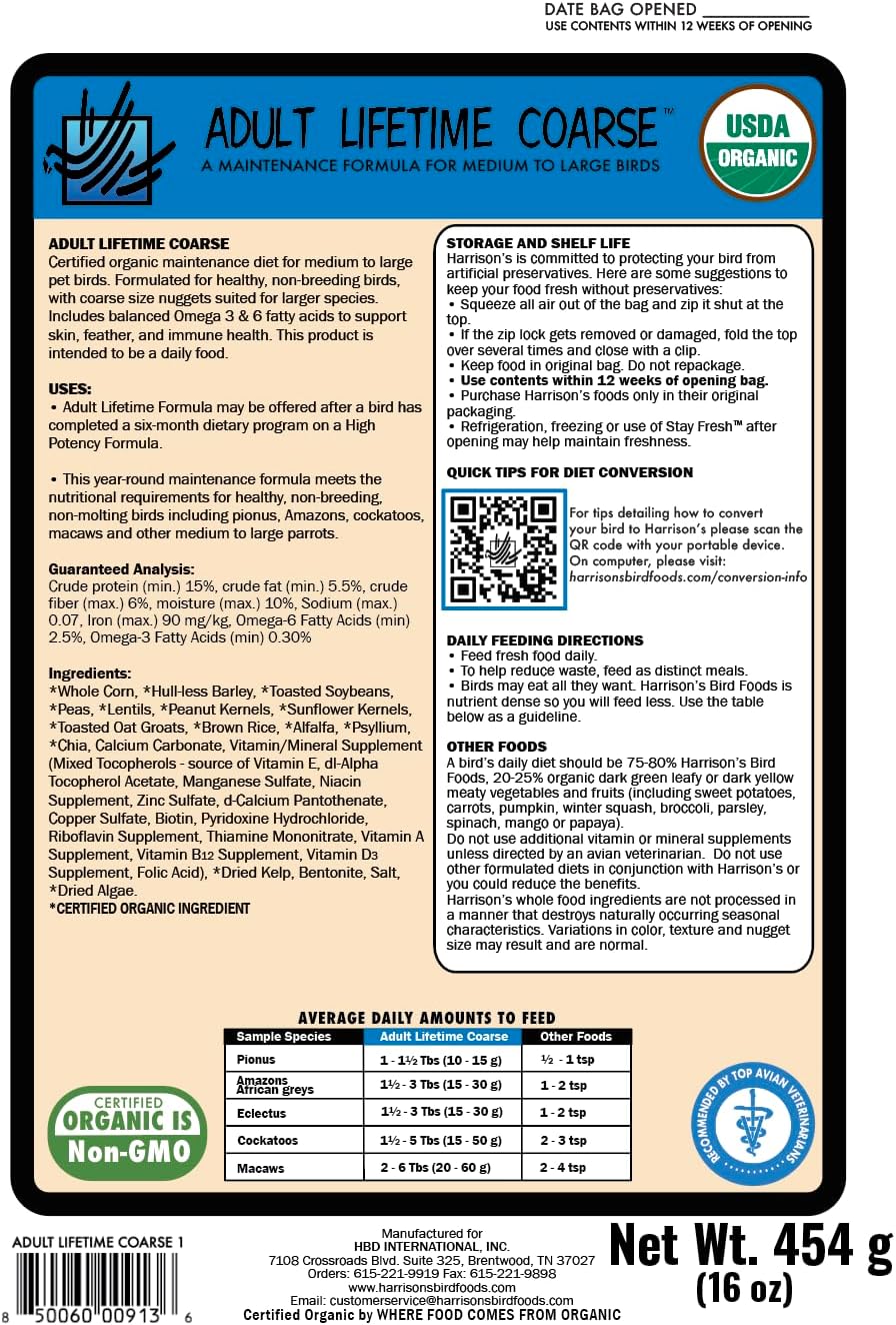 Harrison's Bird Foods Adult Lifetime Coarse Certified Organic Non-GMO Daily Maintenance Formula for Medium to Large Birds, Parrots, Cockatoos, Macaws etc, Suitable for All Life Stages, 454g / 1lb