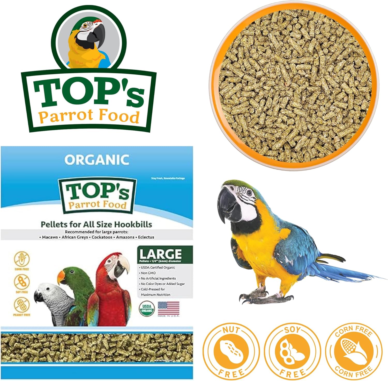 TOP's Parrot Food Pellets Hookbills, Small, Medium and Large Parrots - Non-GMO, Peanut Soy & Corn Free, USDA Organic Certified - 4 lb / 1.81 kg
