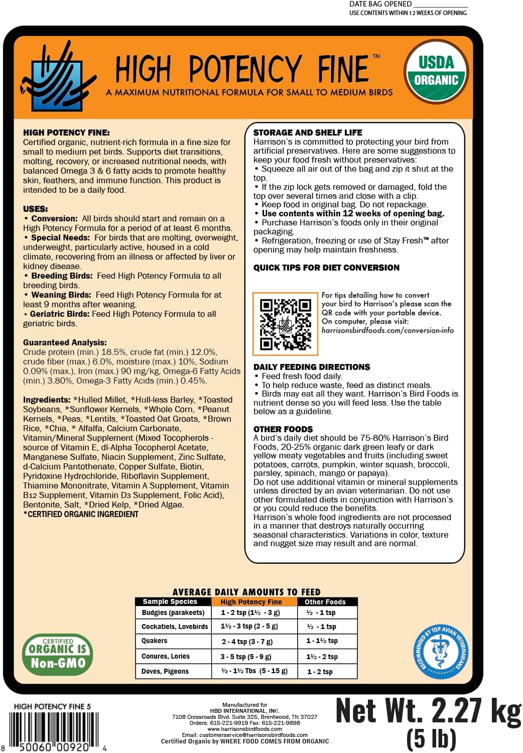Harrison's Bird Foods High Potency Maximum Nutritional Formula for Small to Medium Birds, Certified Organic Non-GMO Pet Bird Food, Vet-Developed, Suitable for All Life Stages, 2.27 kg/ 5 lb