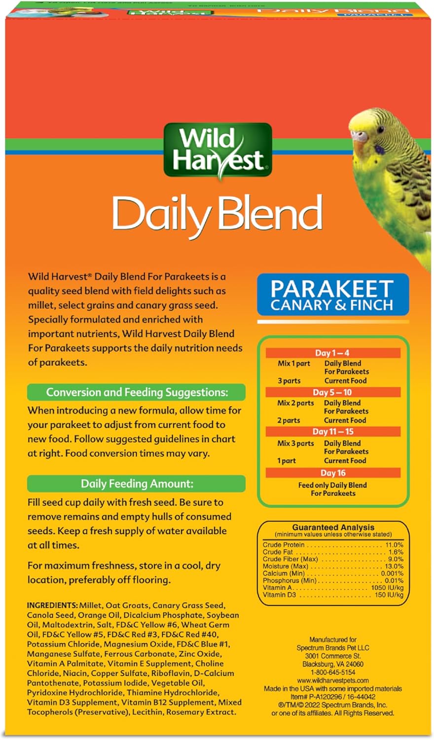 Wild Harvest Daily Blend for Parakeet, Canary, Finch & Small Birds, 2 Pounds