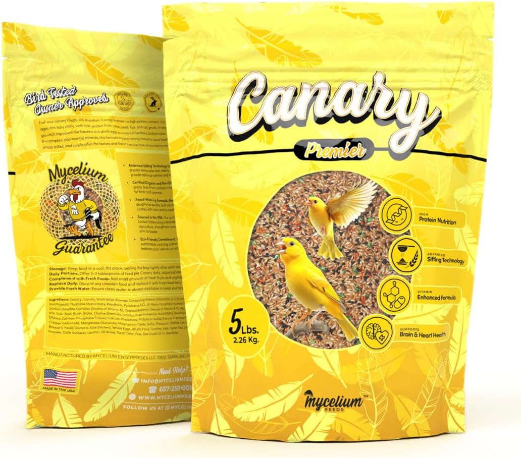 Mycelium Canary Premier Bird Food (5 LB Bag) | Organic, High-Protein Canary Seed Mix with Flax & Whole Eggs | Supports Brain & Heart Health | Vitamin-Enhanced, Non-GMO, Made in USA