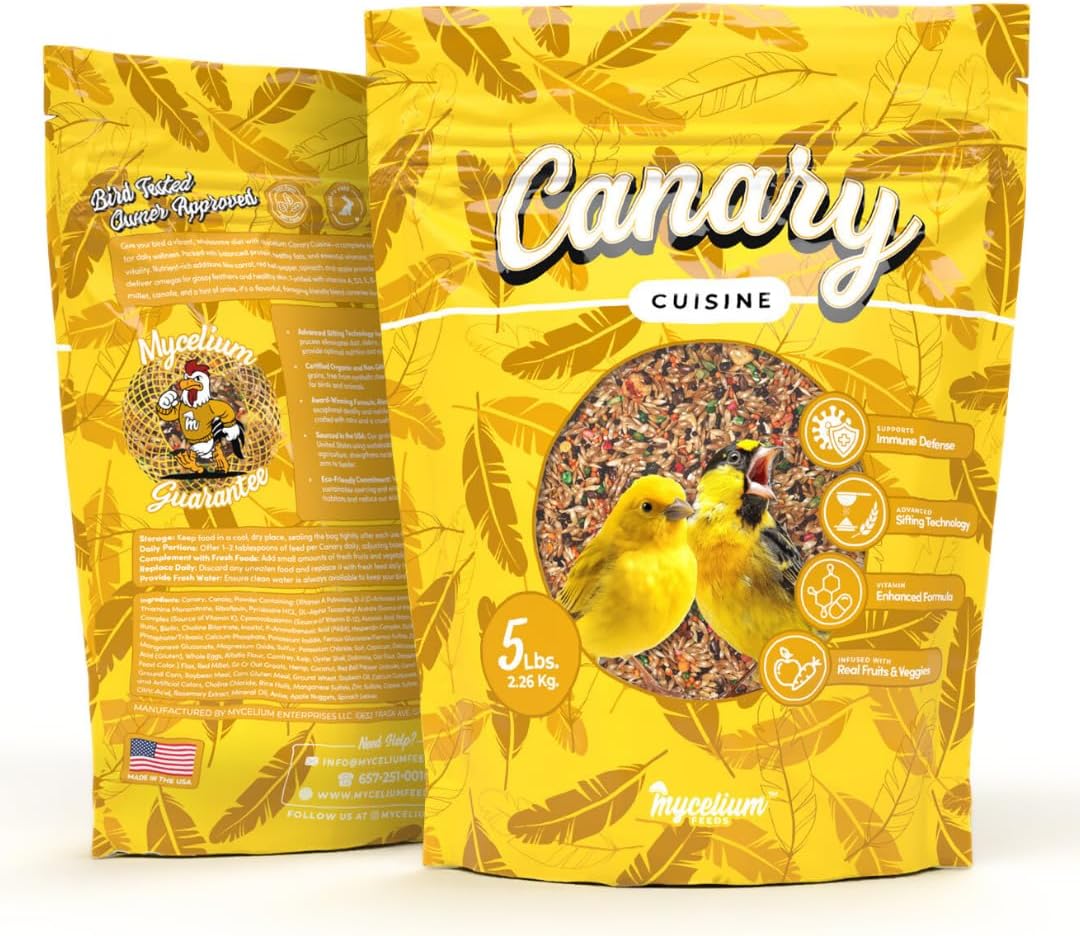 Mycelium Canary Cuisine Bird Food (5 LB Bag) | Organic Canary Seed Mix with Real Fruits & Veggies | Vitamin-Enhanced Daily Feed for Immunity | No Additives, Dust, or Debris | Non-GMO & USA Made