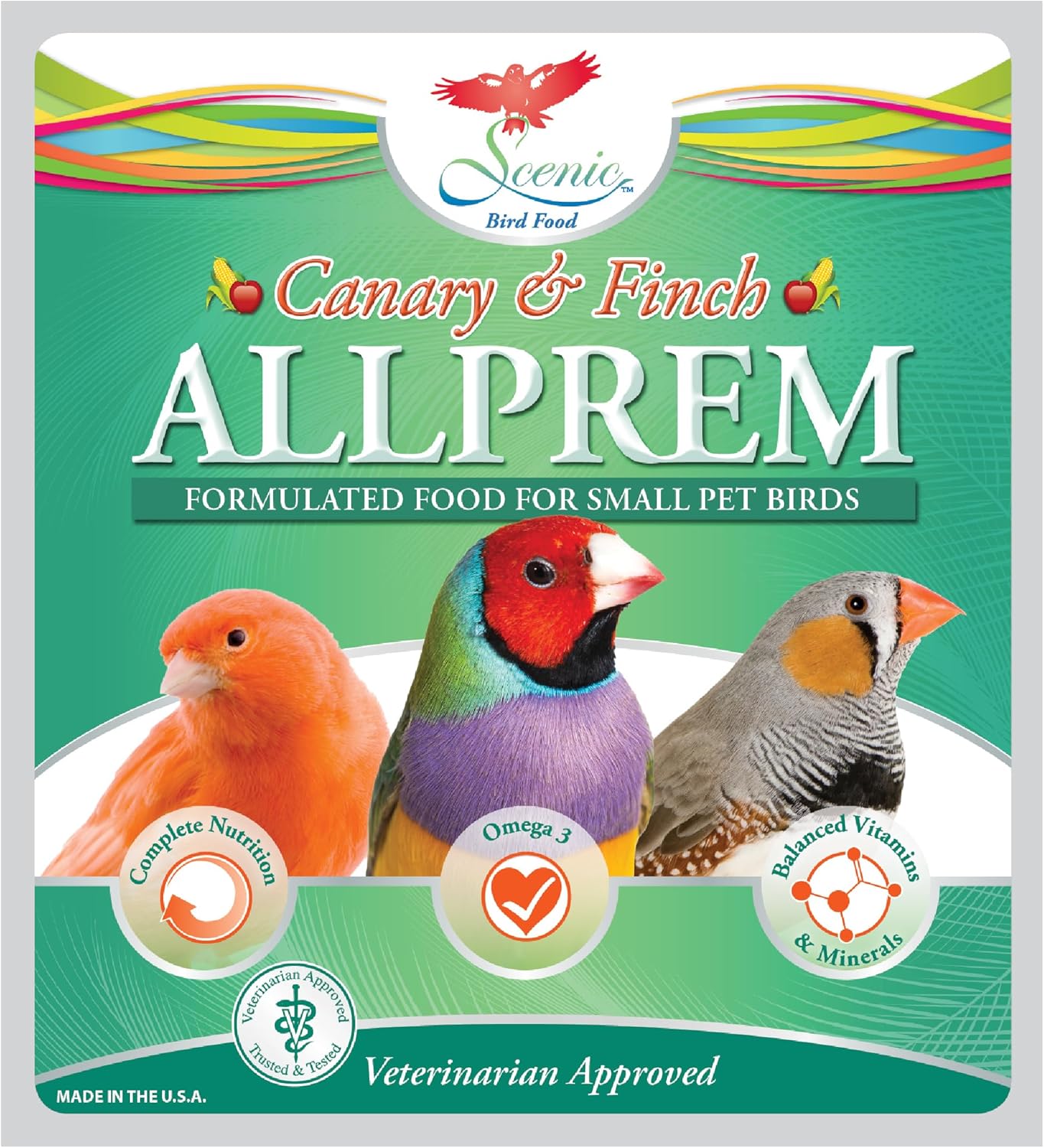 Scenic Allprem Canary and Finch Bird Food | Formulated Diet | Apple and Corn Flavor | 1 Pound Bag (1 LB)