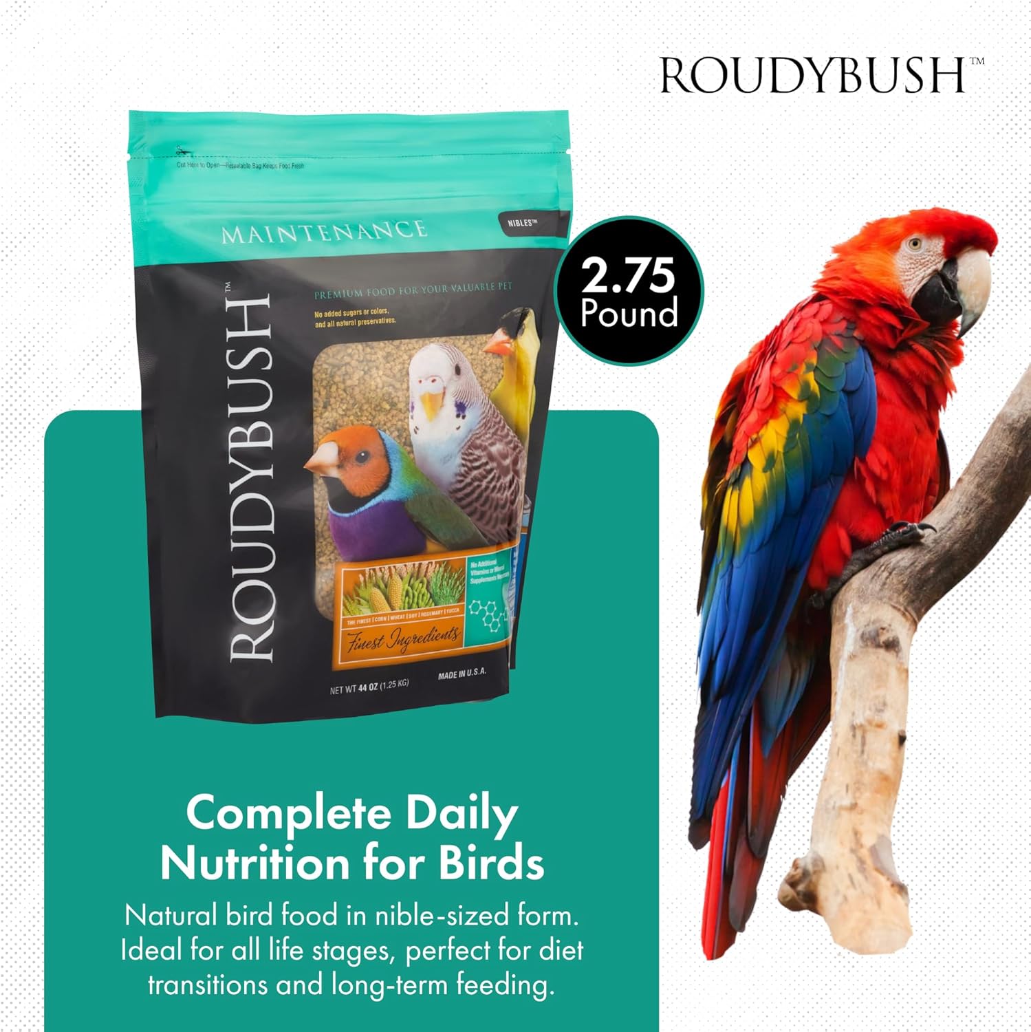 RoudyBush Daily Maintenance Food for Birds - Scientifically Formulated Bird Feed - Bird Food Pellets w/Corn, Wheat, Soy & More - Nutritious & Healthy Feed for Birds (Nibles, 44oz)
