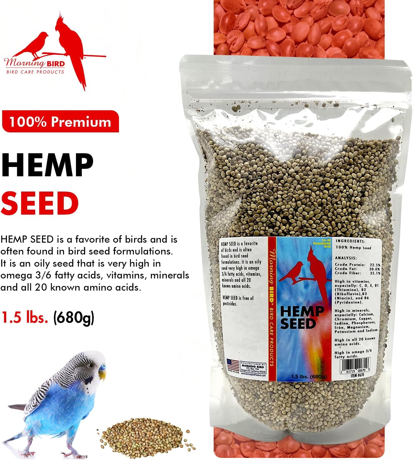 Morning Bird Hemp Seeds u2013 Nutrition Hemp for All Bird Types, Rich in Vitamins and Supplements, Supports Feather Growth and Health u2013 Ideal for Parrots, Canaries, Finches, and More 1.5 lbs