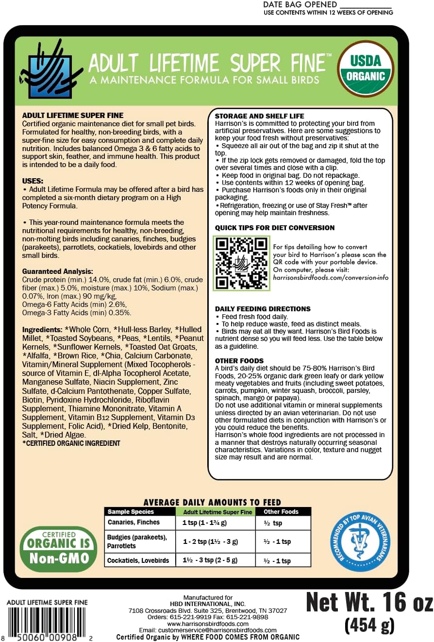 Harrison's Bird Foods Adult Lifetime Certified Organic Non-GMO Formula Small Bird Food 1lb