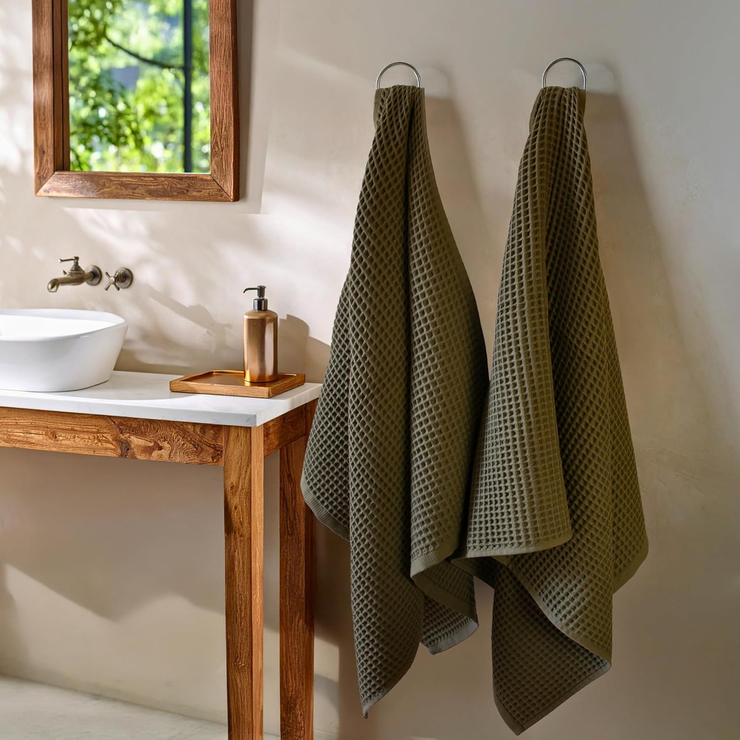 PÜSKÜL Premium Waffle Bath Towels Set of 2 - Organic 100% Turkish Cotton Bath Towel - Quick Dry, Absorbent, Light, Thin, 32x63 Large Waffle Towels for Bathroom (Khaki Green Bath Towels - Pack of 2)