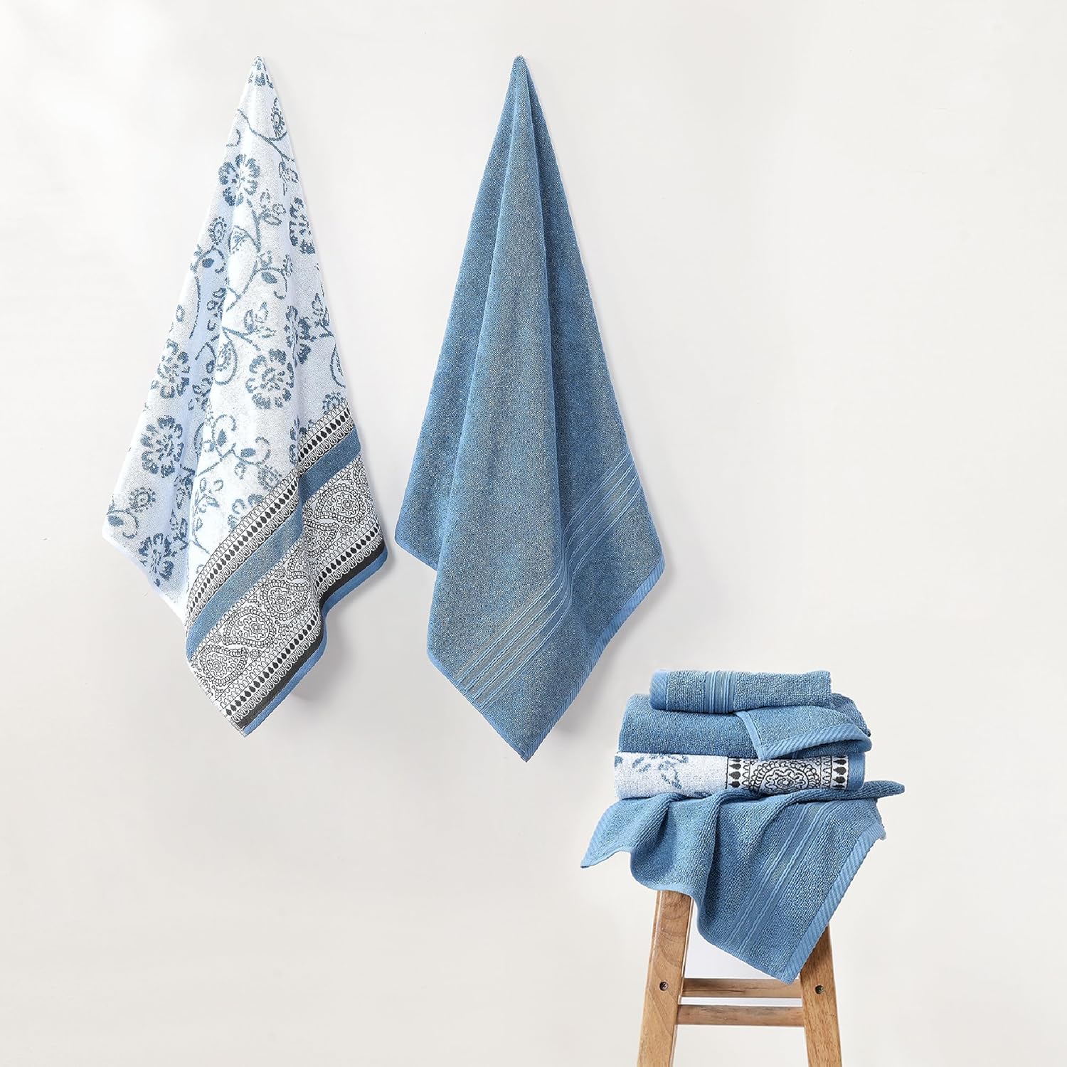 Modern Threads 6 Piece Set, 2 Bath Towels, 2 Hand Towels, 2 Washcloths Yarn Dyed Jacquard/Solid Towel Set Ophelia Blue