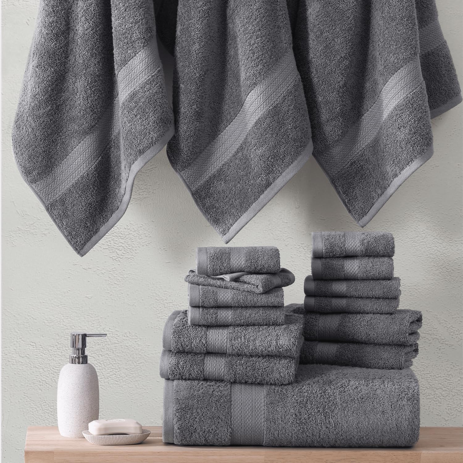 LANE LINEN 100% Cotton Luxury Bath Towel Set - 16 Pieces - Ring Spun, Super Soft & Highly Absorbent - 4 Bath, 8 Washcloths, 4 Hand Towels for Bathroom - Holds Well After Multiple Washes - Cool Grey