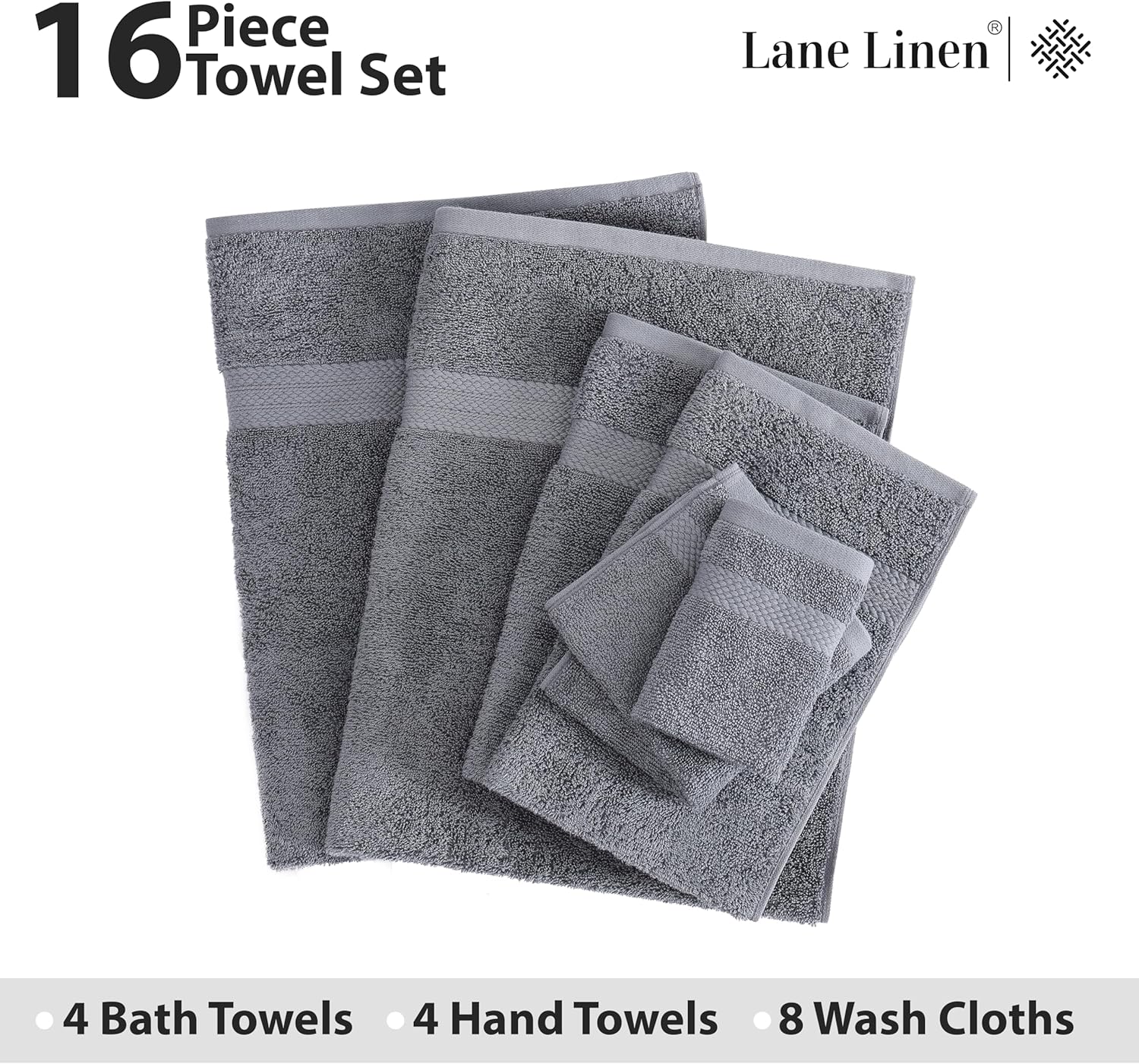 LANE LINEN 100% Cotton Luxury Bath Towel Set - 16 Pieces - Ring Spun, Super Soft & Highly Absorbent - 4 Bath, 8 Washcloths, 4 Hand Towels for Bathroom - Holds Well After Multiple Washes - Cool Grey - Image 4