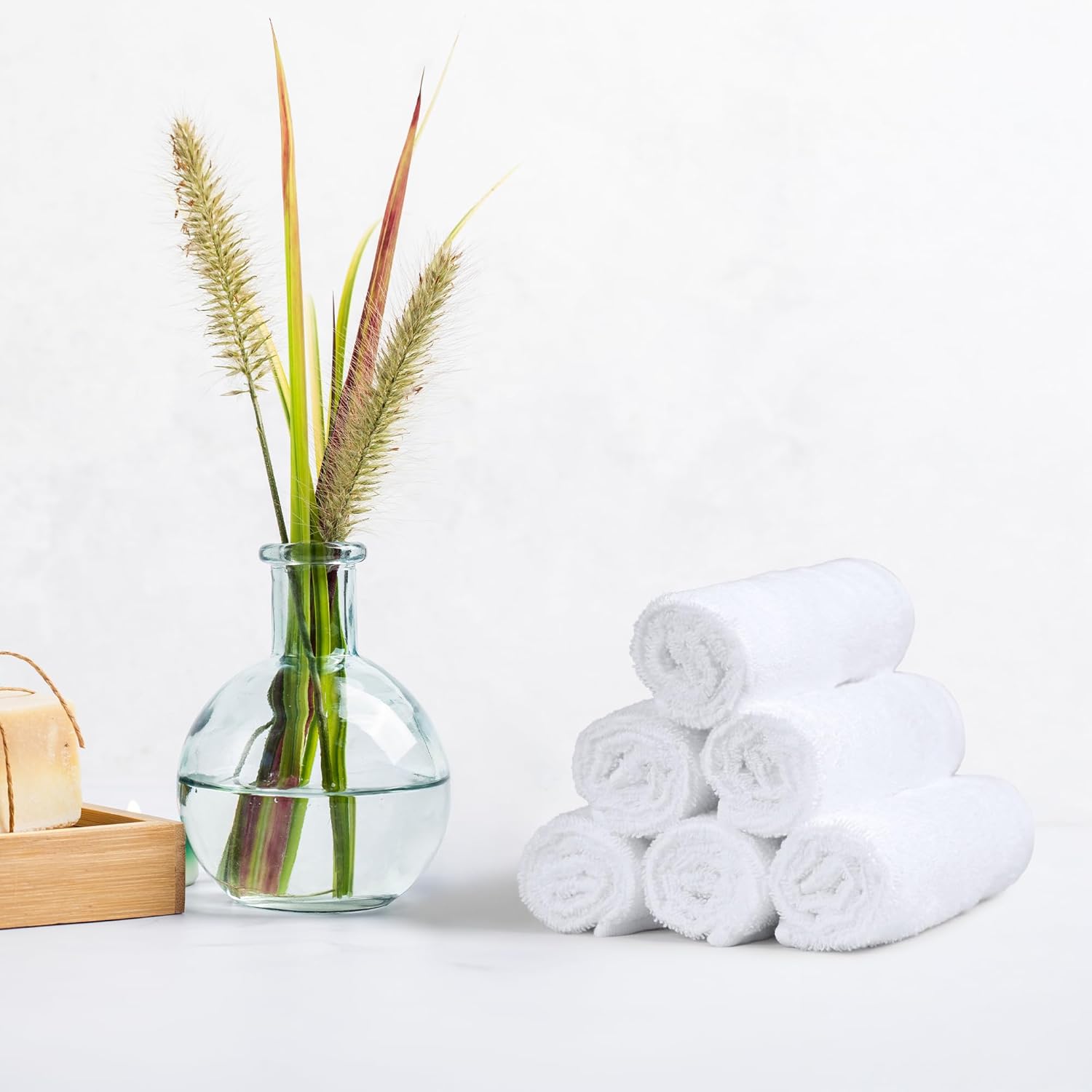 Amazon Basics Fast Drying Cotton Washcloths for Bathroom, Machine Washable, Soft and Highly Absorbent, 12 x 12 in, White, 24-Pack