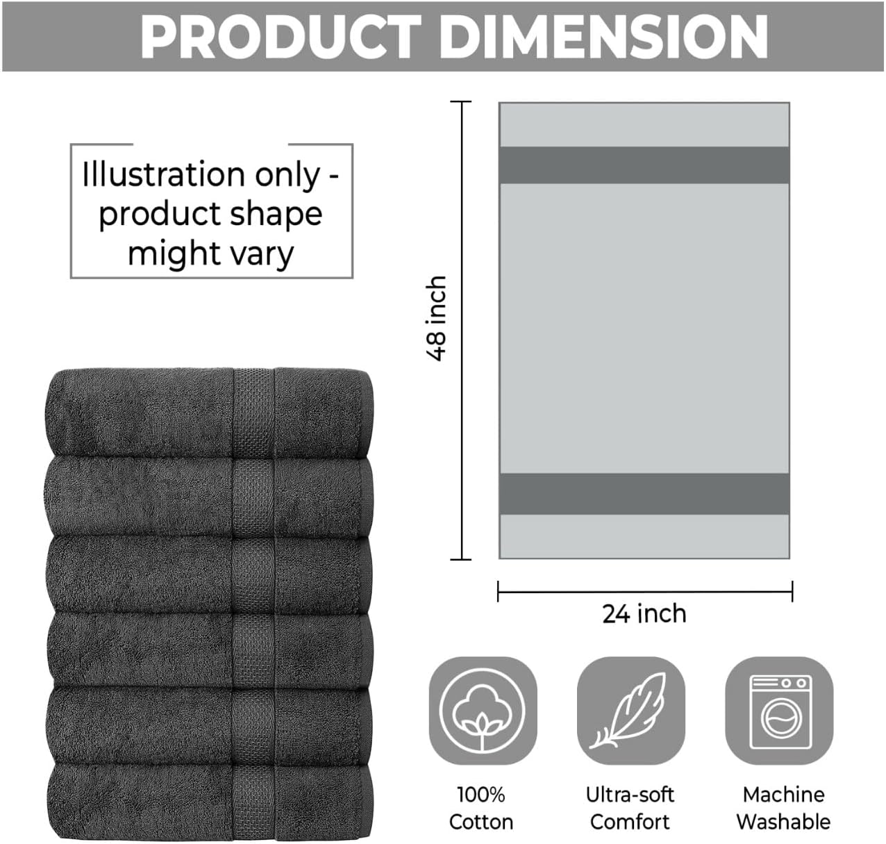 QUBA LINEN Hotel & Spa 100% Cotton Bath Towels Pack of 6, Ultra Soft, Quick Dry, Lightweight, Highly Absorbent, Perfect for Face, Hands, Spa, Gym, Hotel, Resort & Daily Use - Grey (24" x 48")