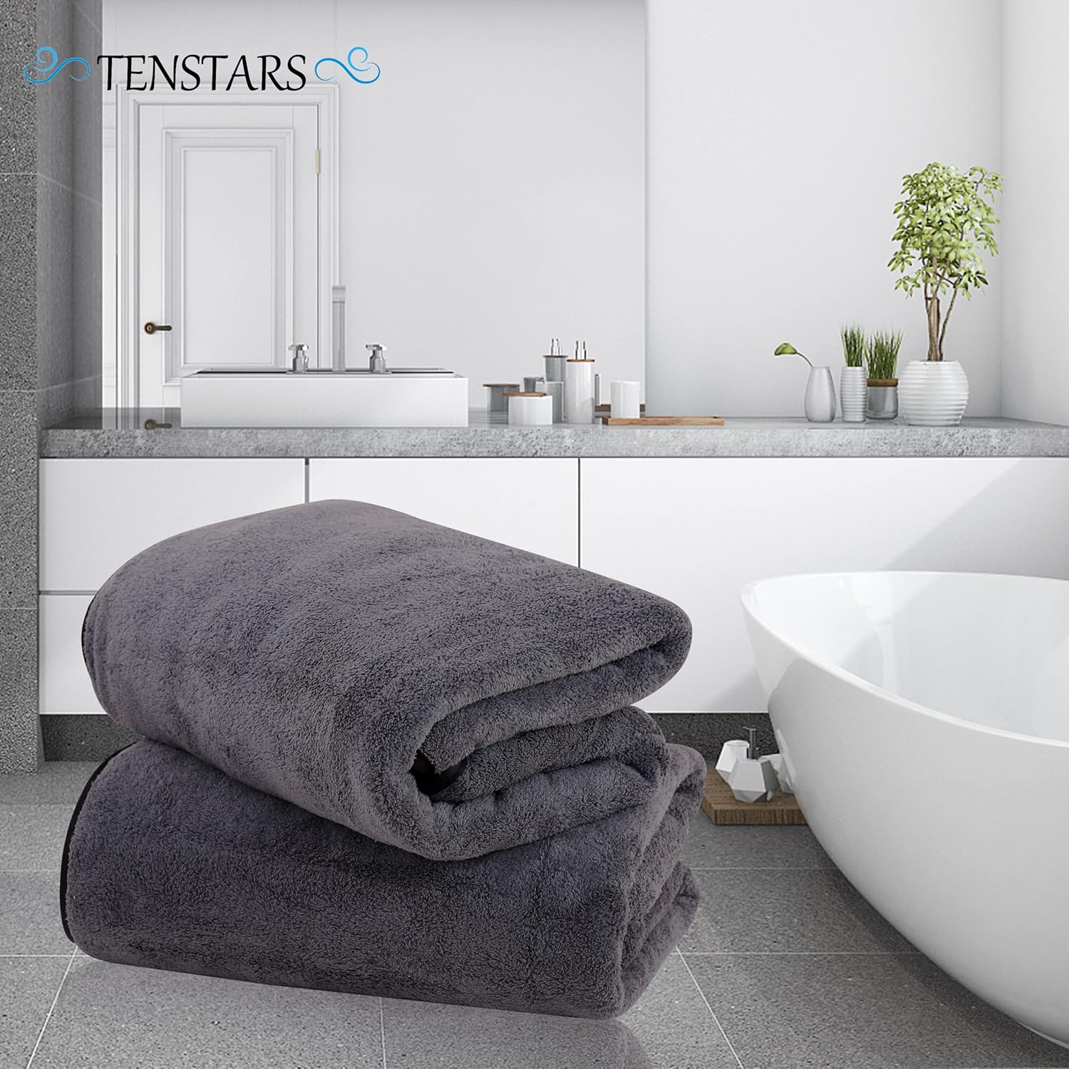TENSTARS Silk Hemming Bath Towels for Bathroom Clearance - 27 x 55 inches - Light Thin Quick Drying - Soft Microfiber Absorbent Towel for Fitness, Sports, Yoga, Travel, Gym - 2 Pack, Dark Grey
