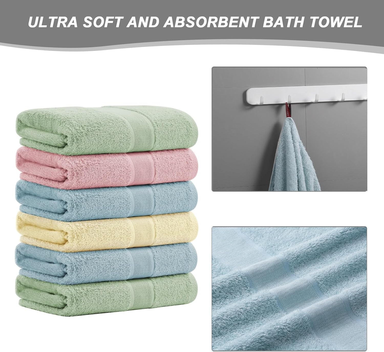 Aibaser Bath Towels, 27x54inch - Natural, Ultra Absorbent Towels for Bathroom, Travel, Gym, Shower and Spa (6 Piece Set) - Image 3