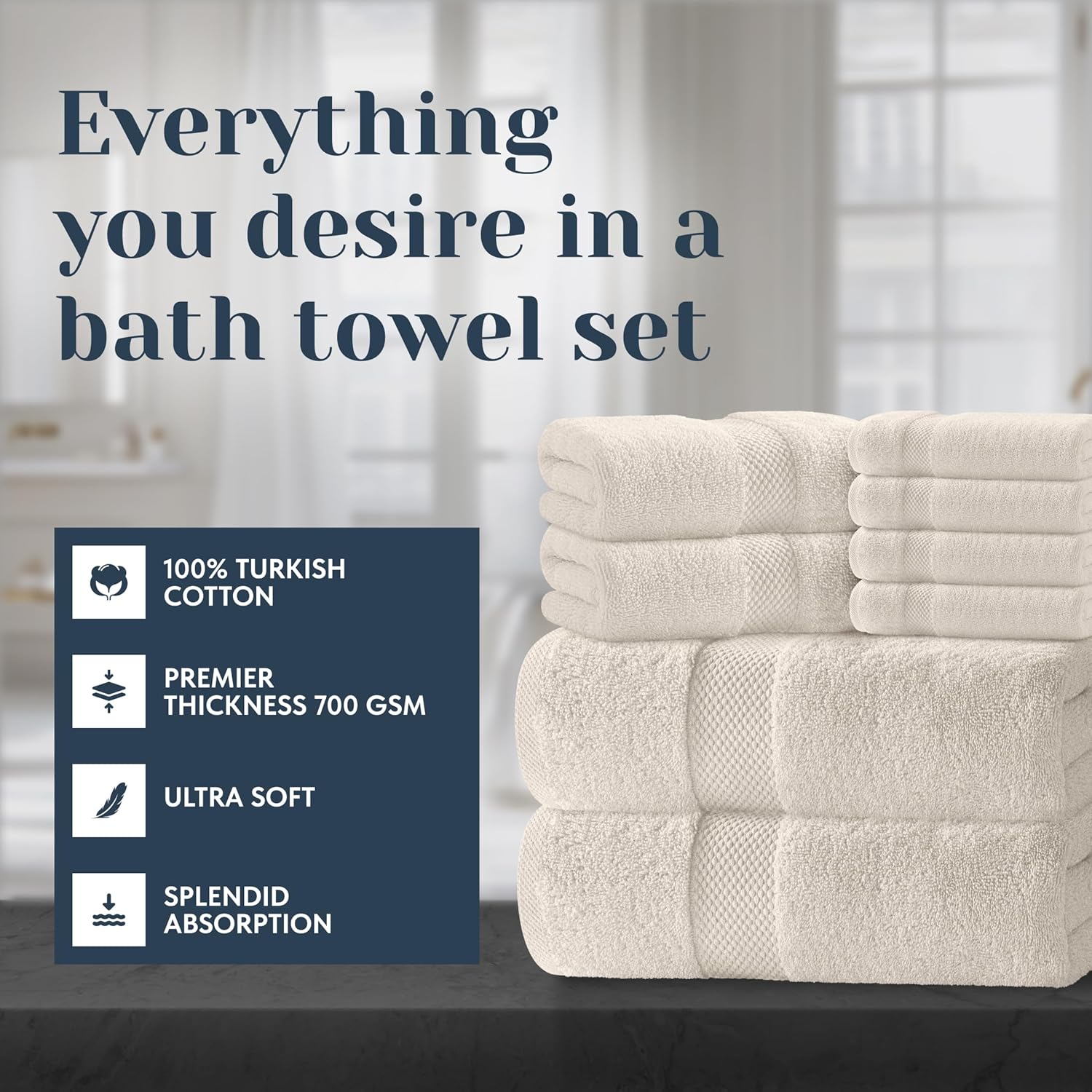 White Classic Luxury Bath Towel Set of 8 Pieces - 100% Turkish Cotton Highly Absorbent Towels for Bathroom, 2 Luxury Bath Towels 700GSM, 2 Hand Towels, 4 Washcloths, Ivory