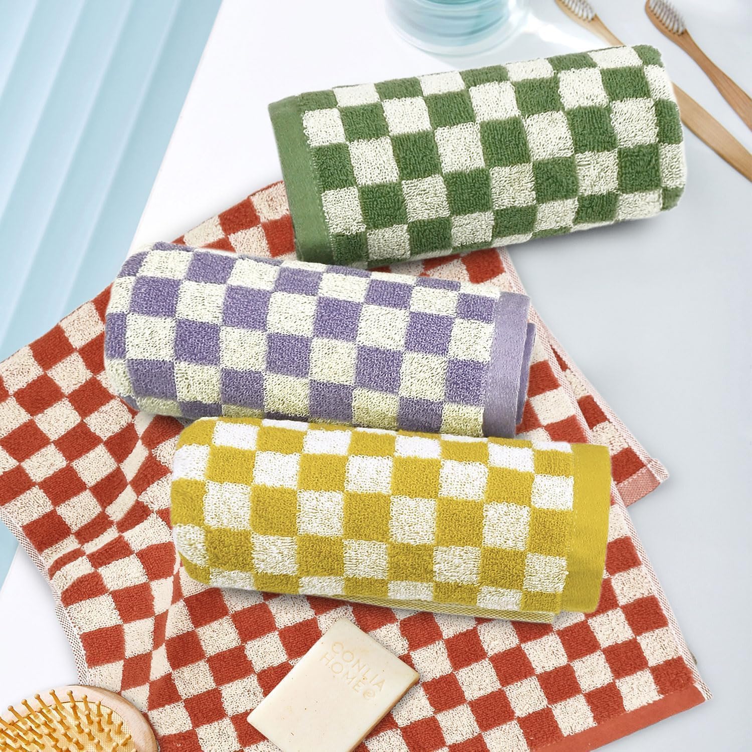 Jacquotha Hand Towels for Bathroom 4 Pack, Cotton Soft Absorbent for Face Spa Bath Gym Kitchen, Hand Towel Set Decorative Checkered, 13 x 29 Inches, 4 Colors