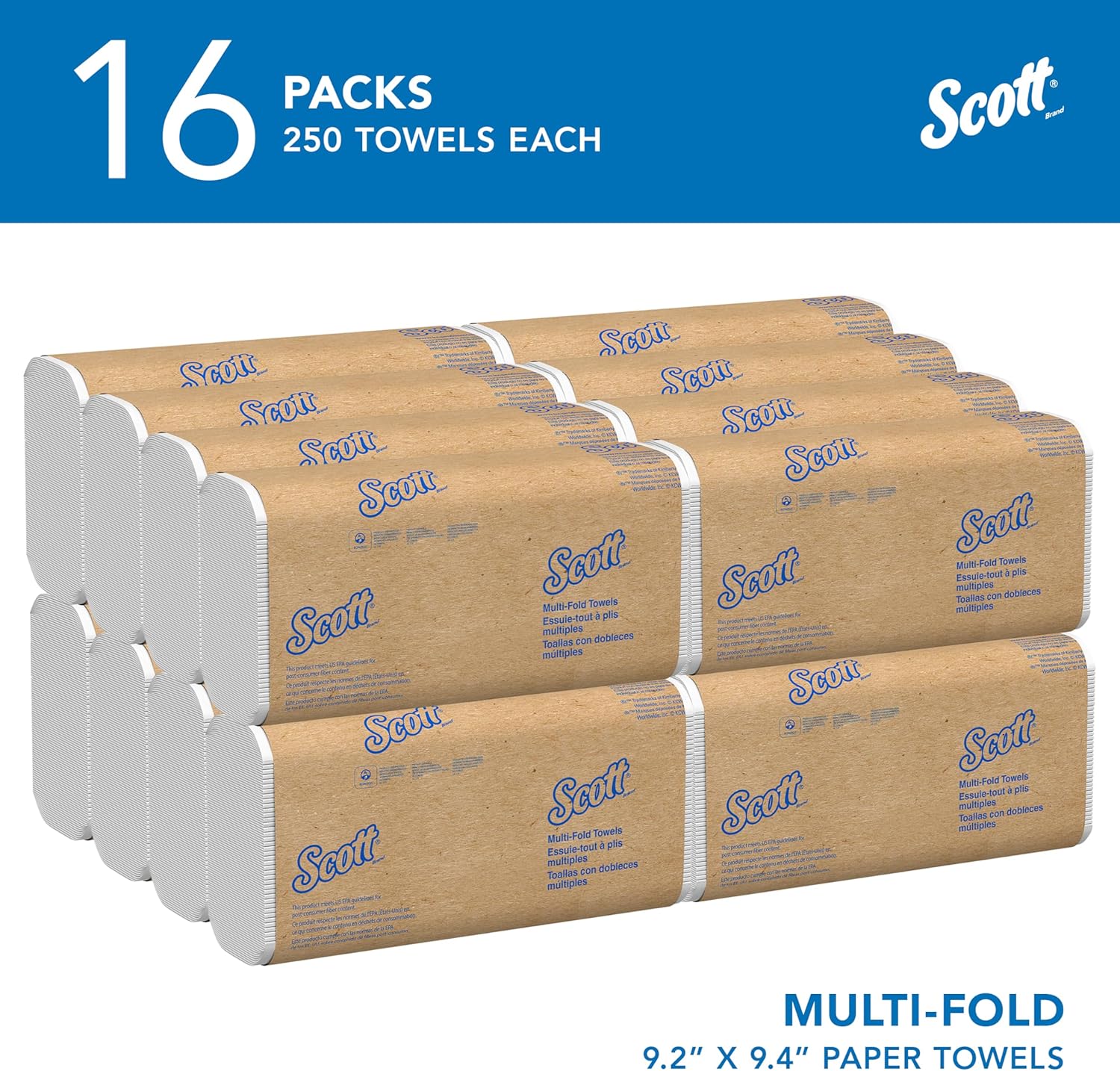 Scott Professional Universal Multifold Paper Towels, Bulk (01840), Absorbency Pockets, White, 9.2"x9.4" Towel, Compressed, Compact (250 Sheets/Pack, 16 Packs/Case, 4,000 Sheet Total)