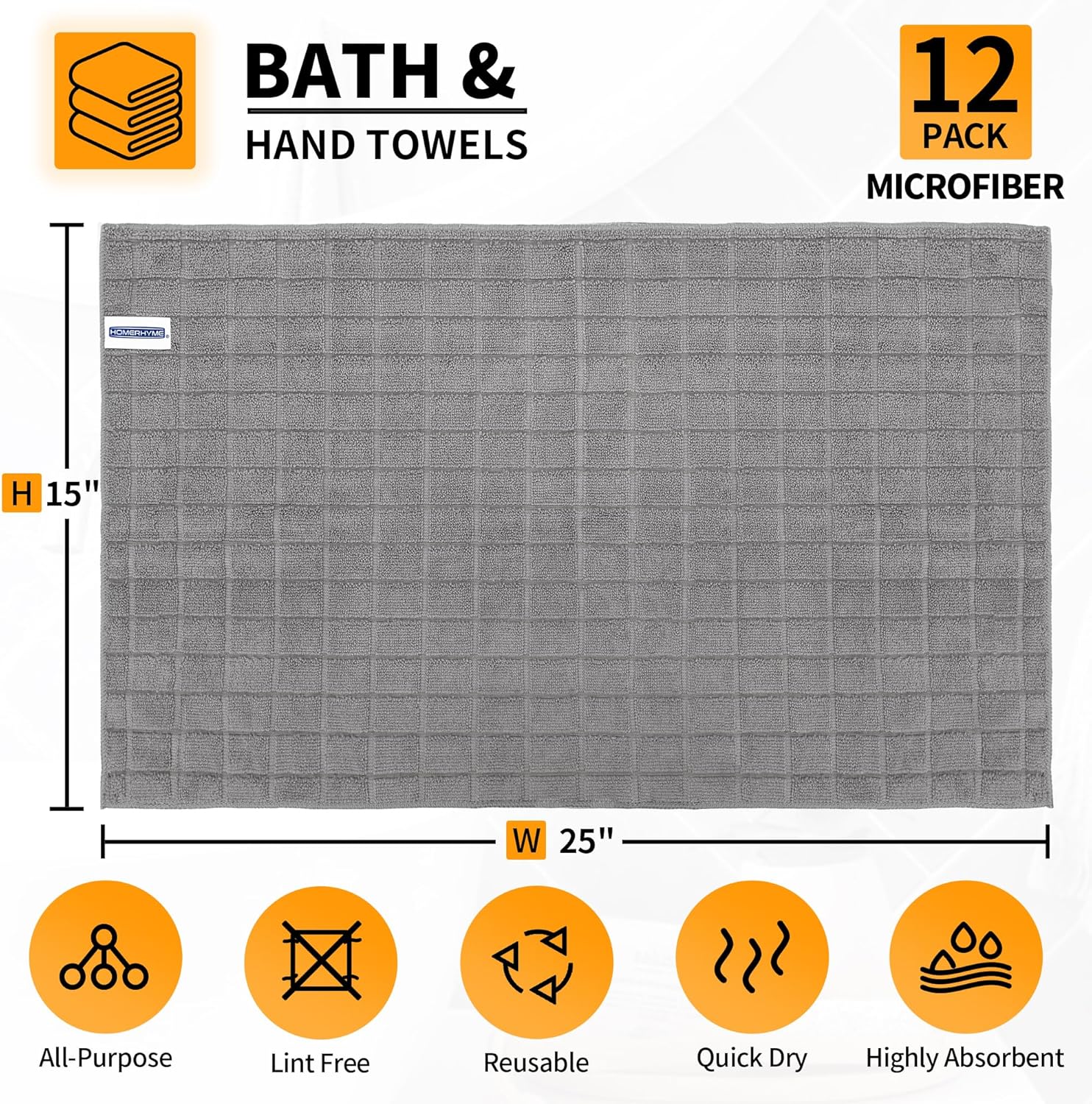 HOMERHYME Hand Towels, 12 Pack 25''*15'' Gym Towels, Grey Quick Dry Lint Free Soft Absorbent Bulk Checkered Fingertip Washcloths Bath Towels for Bathroom Kitchen Salon Workout Shower