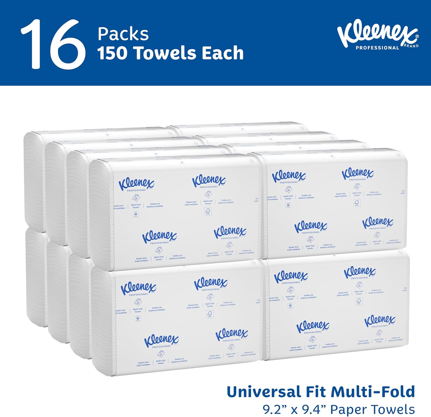 Kleenex Professional Universal Multifold Paper Towels, Bulk (01890), Absorbency Pockets, 9.2" x 9.4" Towel, White (150 Sheets/Pack, 16 Packs/Case, 2,400 Sheet Total)
