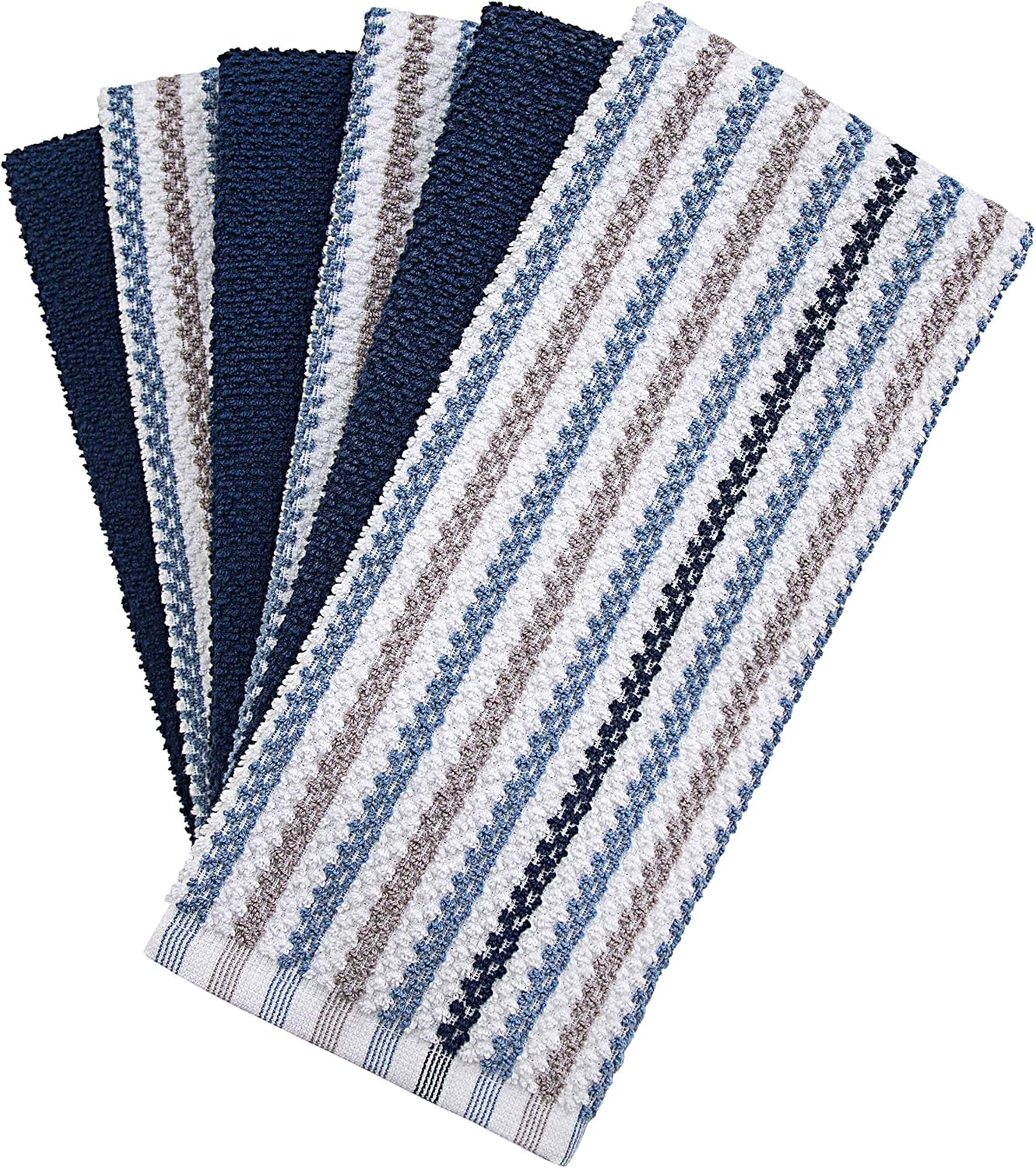 Premium Kitchen Towels (16u201Dx 26u201D, 6 Pack) | Large Cotton Kitchen Hand Towels | Popcorn Striped Design | Dish Towels | 430 GSM Highly Absorbent Tea Towels Set with Hanging Loop | Blue