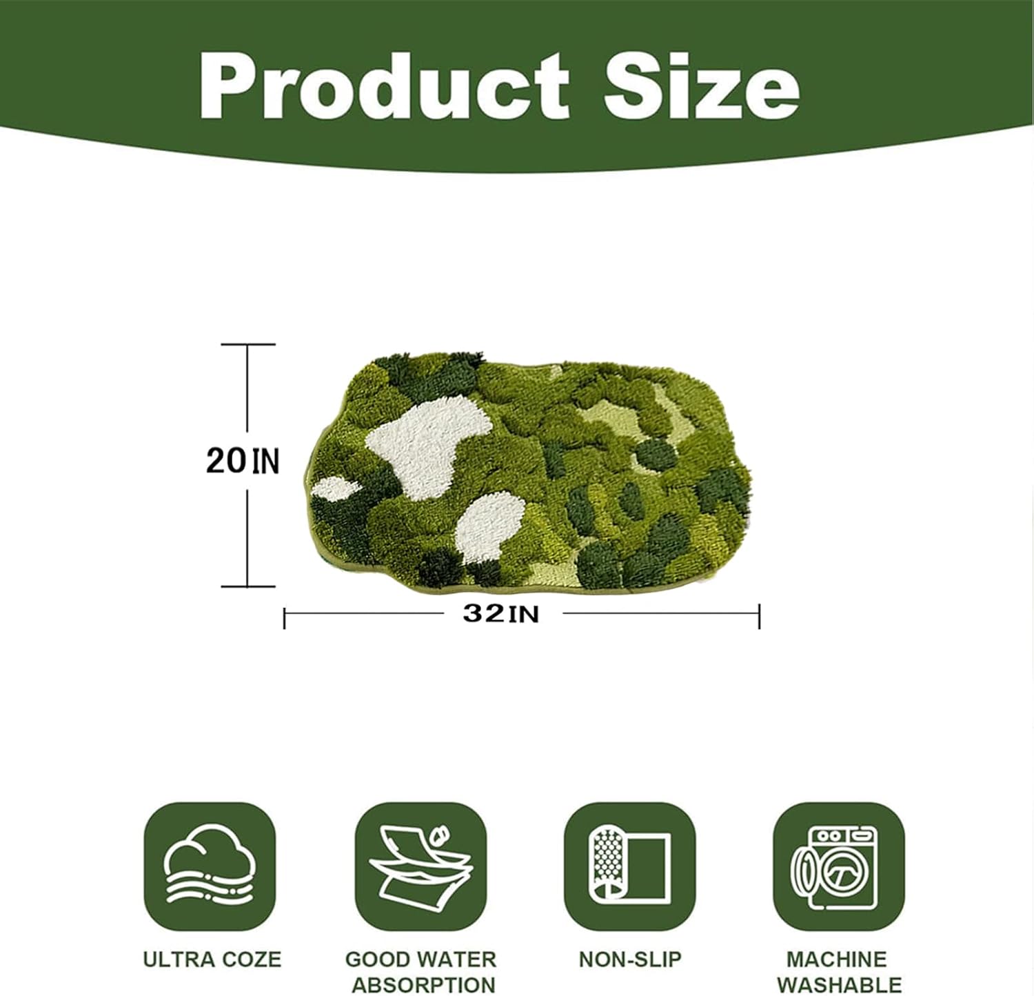 zhiyu Cute Green Moss Bathroom Runner Rug,Long Rectangular Bathroom Rug Bohemian Aesthetic Bath Rug,Anti Slip Absorbent Shower Moss Bath mat (20X32)