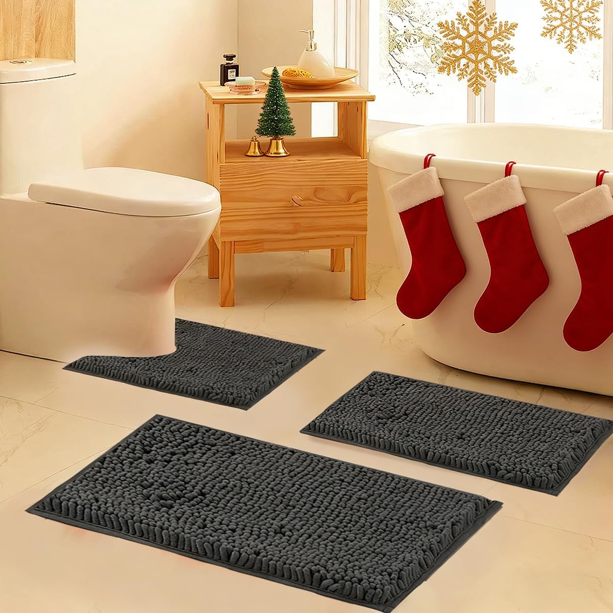 Bathroom Rugs Set Non Slip 3 Piece Bath Mat Washable Chenille Bath Rugs with PVC Backing Bath Carpet,Absorbent Bathroom Mats with Toilet Rug,Bath Mats for Bathroom,Bedroom, Kitchen,Tub,Home Decor