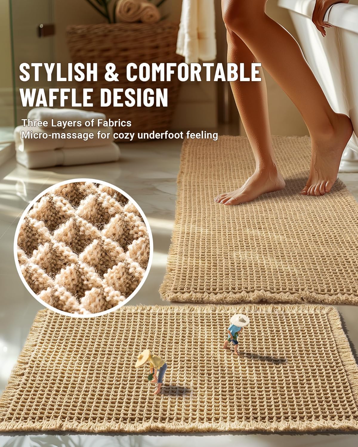Furicher Large Waffle Bath Mat Set, Non Slip Bath Rug Set, Ultra Absorbent Bath Mats for Bathroom Decor, Extra Soft Floor Kitchen Rugs Sets 2 Piece, Washable Bath Runner Rug, Brown, 20"×47" & 16"×24"
